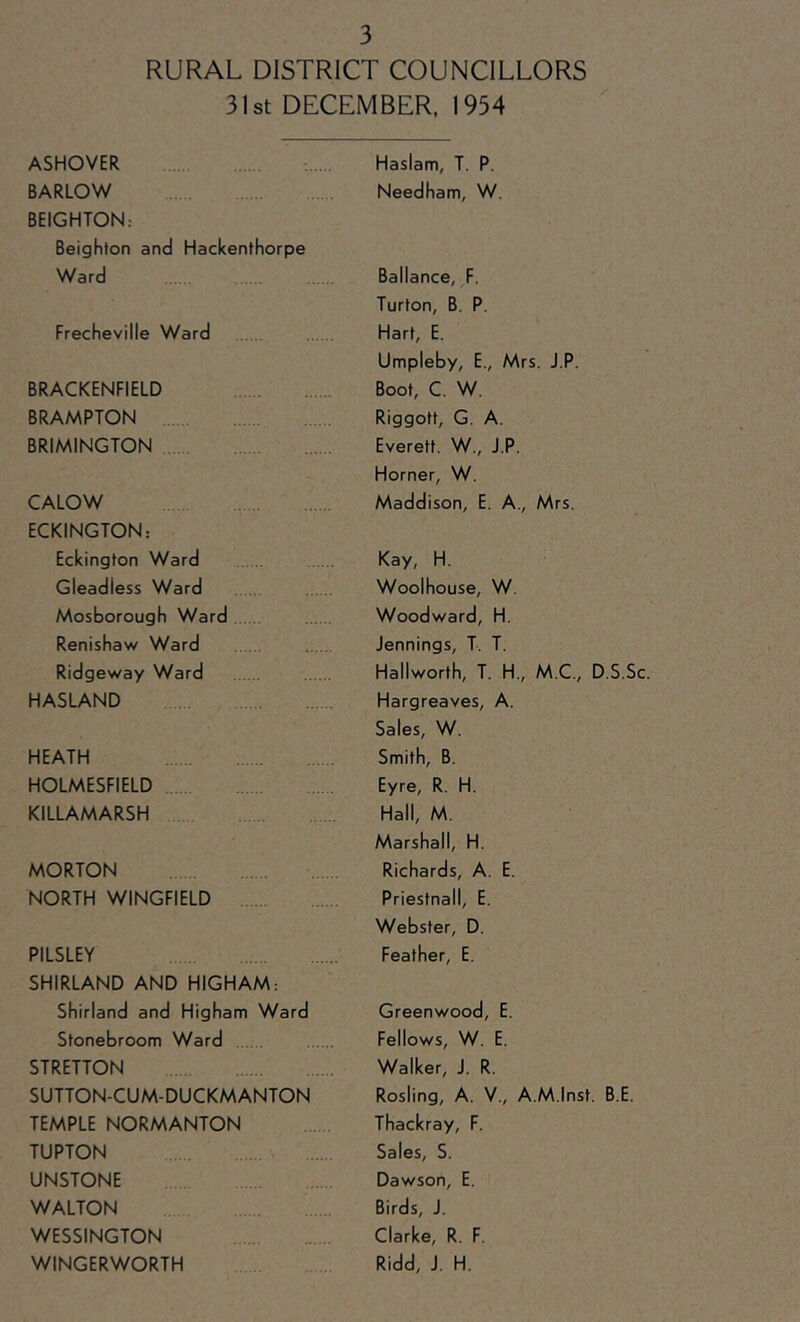 RURAL DISTRICT COUNCILLORS 31st DECEMBER, 1954 ASHOVER BARLOW BEIGHTON: Beighton and Hacicenthorpe Ward Frecheville Ward BRACKENFIELD BRAMPTON BRIMINGTON CALOW ECKINGTON: Eckington Ward Gleadless Ward Mosborough Ward Renishaw Ward Ridgeway Ward HASLAND HEATH HOLMESFIELD KILLAMARSH MORTON NORTH WINGFIELD PILSLEY SHIRLAND AND HIGHAM: Shirland and Higham Ward Stonebroom Ward STRETTON SUTTON-CUM-DUCKMANTON TEMPLE NORMANTON TUPTON UNSTONE WALTON WESSINGTON WINGERWORTH Haslam, T. P. Needham, W. Ballance, F. Turton, B. P. Hart, E. Umpleby, E., Mrs. J.P. Boot, C. W. Riggott, G. A. Everett, W., J.P. Horner, W. Maddison, E. A., Mrs. Kay, H. Woolhouse, W. Woodward, H. Jennings, T. T. Hallworth, T. H., M.C., D.S.Sc, Hargreaves, A. Sales, W. Smith, B. Eyre, R. H. Hall, M. Marshall, H. Richards, A. E. Priestnall, E. Webster, D. Feather, E. Greenwood, E. Fellows, W. E. Walker, J. R. Rosling, A. V., A.M.Inst. B.E. Thackray, F. Sales, S. Dawson, E. Birds, J. Clarke, R. F. Ridd, J. H.