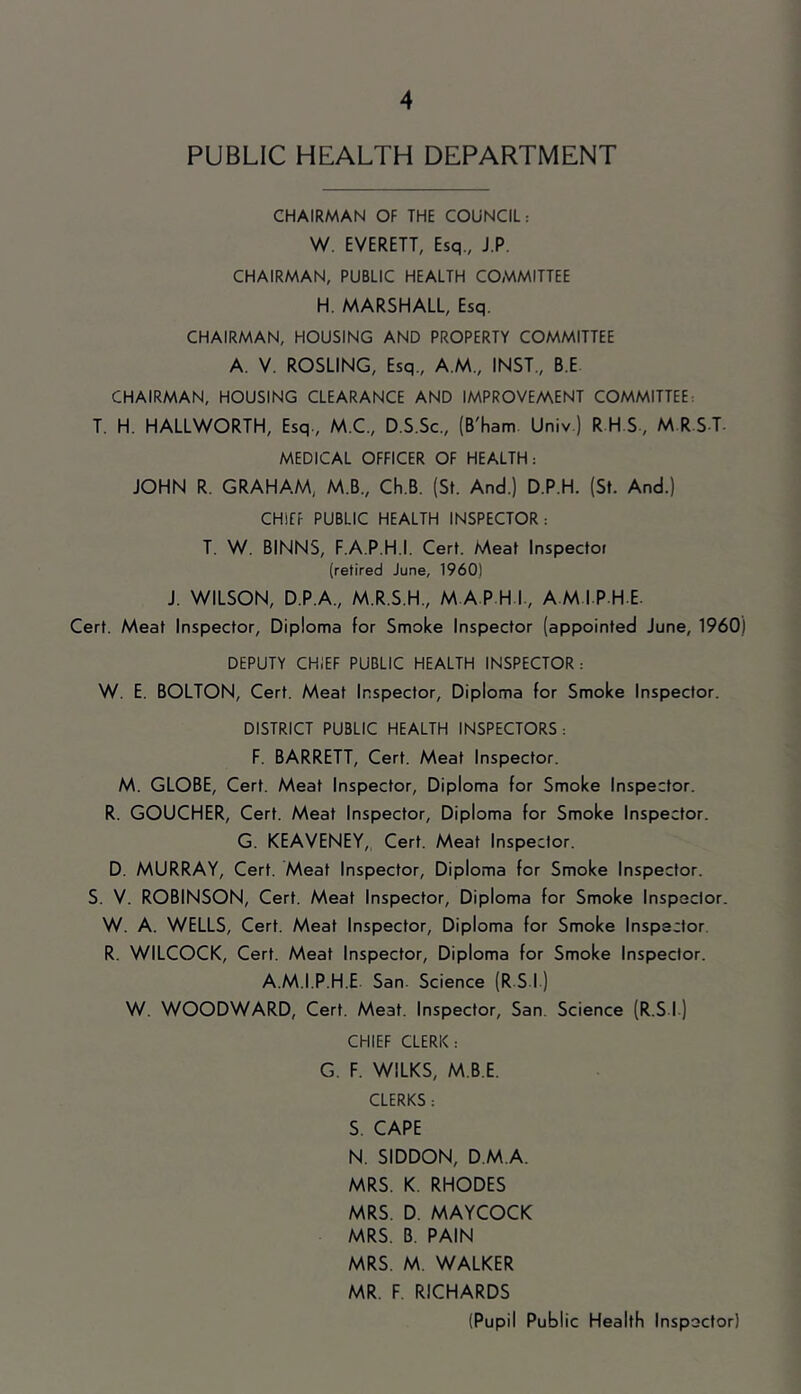 PUBLIC HEALTH DEPARTMENT CHAIRMAN OF THE COUNCIL: W, EVERETT, Esq., J.P. CHAIRMAN, PUBLIC HEALTH COMMITTEE H. MARSHALL, Esq. CHAIRMAN, HOUSING AND PROPERTY COMMITTEE A. V. ROSLING, Esq., A.M., INST., B E CHAIRMAN, HOUSING CLEARANCE AND IMPROVEMENT COMMITTEE: T. H. HALLWORTH, Esq., M.C., D.S.Sc., (B'ham. Univ.) R H.S., M R S-T- MEDICAL OFFICER OF HEALTH: JOHN R. GRAHAM, M.B., Ch.B. (St. And.) D.P.H. (St. And.) CHIEF PUBLIC HEALTH INSPECTOR: T. W. BINNS, F.A.P.H.I. Cert. Meat Inspector (retired June, 1960) J. WILSON, D.P.A., M.R.S.H., M A P H I., A M I P H E. Cert. Meat Inspector, Diploma for Smoke Inspector (appointed June, 1960) DEPUTY CHIEF PUBLIC HEALTH INSPECTOR: W. E. BOLTON, Cert. Meat Inspector, Diploma for Smoke Inspector. DISTRICT PUBLIC HEALTH INSPECTORS: F. BARRETT, Cert. Meat Inspector. M. GLOBE, Cert. Meat Inspector, Diploma for Smoke Inspector. R. GOUCHER, Cert. Meat Inspector, Diploma for Smoke Inspector. G. KEAVENEY, Cert. Meat Inspector. D. MURRAY, Cert. Meat Inspector, Diploma for Smoke Inspector. S. V. ROBINSON, Cert. Meat Inspector, Diploma for Smoke Inspector. W. A. WELLS, Cert. Meat Inspector, Diploma for Smoke Inspector. R. WILCOCK, Cert. Meat Inspector, Diploma for Smoke Inspector. A.M.I.P.H.E San. Science (R S I ) W. WOODWARD, Cert. Meat. Inspector, San. Science (R.S 1) CHIEF CLERK: G. F. WILKS, M.B.E. CLERKS: S. CAPE N. SIDDON, D M A. MRS. K. RHODES MRS. D. MAYCOCK MRS. B. PAIN MRS. M. WALKER MR. F. RICHARDS (Pupil Public Health Inspector)