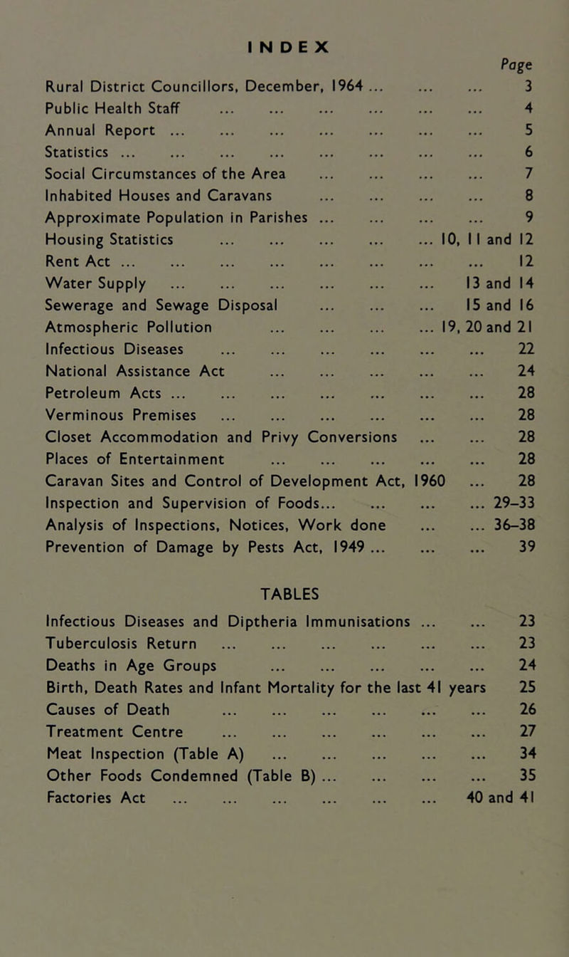 INDEX Page Rural District Councillors, December, 1964 ... 3 Public Health Staff ... ... ... ... ... ... 4 Annual Report ... 5 Statistics ... ... ... ... ... ... ... ... 6 Social Circumstances of the Area ... ... ... ... 7 Inhabited Houses and Caravans 8 Approximate Population in Parishes ... ... ... ... 9 Housing Statistics ... ... ... ... ... 10, II and 12 Rent Act ... ... ... 12 Water Supply ... 13 and 14 Sewerage and Sewage Disposal ... ... ... 15 and 16 Atmospheric Pollution ... ... ... ... 19,20 and 21 Infectious Diseases ... ... 22 National Assistance Act ... ... ... ... ... 24 Petroleum Acts ... ... 28 Verminous Premises ... 28 Closet Accommodation and Privy Conversions 28 Places of Entertainment 28 Caravan Sites and Control of Development Act, I960 ... 28 Inspection and Supervision of Foods... ... ... ... 29-33 Analysis of Inspections, Notices, Work done 36-38 Prevention of Damage by Pests Act, 1949 39 TABLES Infectious Diseases and Diptheria Immunisations 23 Tuberculosis Return ... ... ... ... 23 Deaths in Age Groups ... 24 Birth, Death Rates and Infant Mortality for the last 41 years 25 Causes of Death 26 Treatment Centre ... ... 27 Meat Inspection (Table A) 34 Other Foods Condemned (Table B) ... 35 Factories Act ... ... 40 and 41