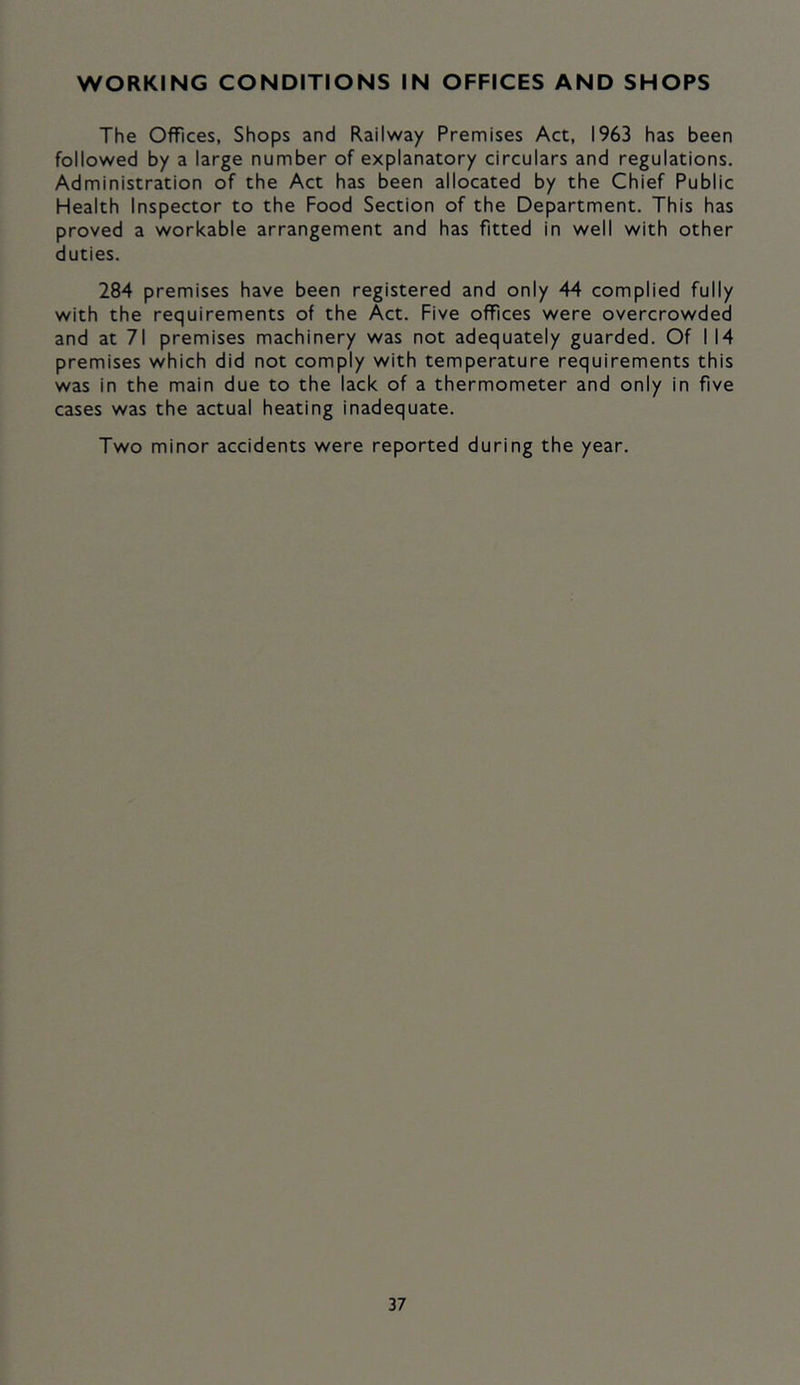 WORKING CONDITIONS IN OFFICES AND SHOPS The Offices, Shops and Railway Premises Act, 1963 has been followed by a large number of explanatory circulars and regulations. Administration of the Act has been allocated by the Chief Public Health Inspector to the Food Section of the Department. This has proved a workable arrangement and has fitted in well with other duties. 284 premises have been registered and only 44 complied fully with the requirements of the Act. Five offices were overcrowded and at 71 premises machinery was not adequately guarded. Of I 14 premises which did not comply with temperature requirements this was in the main due to the lack of a thermometer and only in five cases was the actual heating inadequate. Two minor accidents were reported during the year.