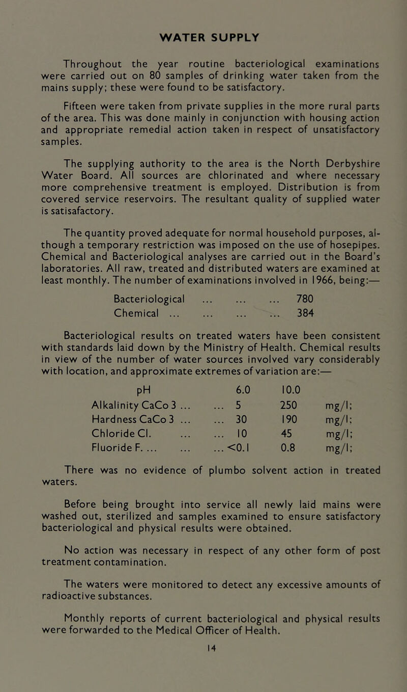 WATER SUPPLY Throughout the year routine bacteriological examinations were carried out on 80 samples of drinking water taken from the mains supply: these were found to be satisfactory. Fifteen were taken from private supplies in the more rural parts of the area. This was done mainly in conjunction with housing action and appropriate remedial action taken in respect of unsatisfactory samples. The supplying authority to the area is the North Derbyshire Water Board. All sources are chlorinated and where necessary more comprehensive treatment is employed. Distribution is from covered service reservoirs. The resultant quality of supplied water is satisafactory. The quantity proved adequate for normal household purposes, al- though a temporary restriction was imposed on the use of hosepipes. Chemical and Bacteriological analyses are carried out in the Board’s laboratories. All raw, treated and distributed waters are examined at least monthly. The number of examinations involved in 1966, being:— Bacteriological 780 Chemical ... ... 384 Bacteriological results on treated waters have been consistent with standards laid down by the Ministry of Health. Chemical results in view of the number of water sources involved vary considerably with location, and approximate extremes of variation are:— pH 6.0 10.0 Alkalinity CaCo 3 ... ... 5 250 mg/I Hardness CaCo 3 ... ... 30 190 mg/I Chloride Cl. ... 10 45 mg/I Fluoride F. ... ...<0.l 0.8 mg/I There was no evidence of plumbo solvent action in treated waters. Before being brought into service all newly laid mains were washed out, sterilized and samples examined to ensure satisfactory bacteriological and physical results were obtained. No action was necessary in respect of any other form of post treatment contamination. The waters were monitored to detect any excessive amounts of radioactive substances. Monthly reports of current bacteriological and physical results were forwarded to the Medical Officer of Health.