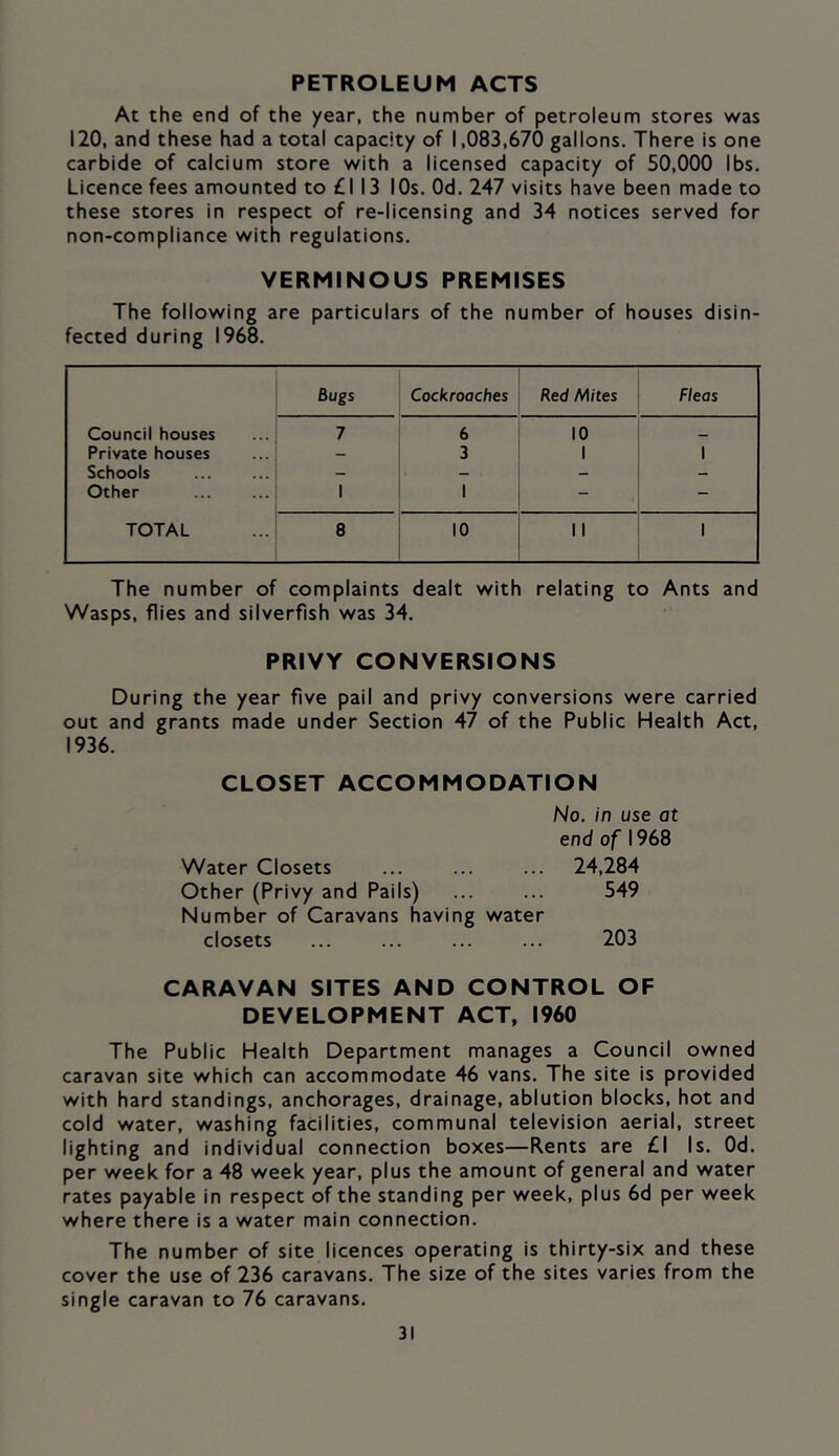 PETROLEUM ACTS At the end of the year, the number of petroleum stores was 120, and these had a total capacity of 1,083,670 gallons. There is one carbide of calcium store with a licensed capacity of 50,000 lbs. Licence fees amounted to £113 lOs. Od. 247 visits have been made to these stores in respect of re-licensing and 34 notices served for non-compliance with regulations. VERMINOUS PREMISES The following are particulars of the number of houses disin- fected during 1968. Bugs Cockroaches Red Mites Fleas Council houses 7 6 10 _ Private houses — 3 1 1 Schools — — Other 1 1 - - TOTAL 8 10 11 1 The number of complaints dealt with relating to Ants and Wasps, flies and silverfish was 34. PRIVY CONVERSIONS During the year five pail and privy conversions were carried out and grants made under Section 47 of the Public Health Act, 1936. CLOSET ACCOMMODATION No. in use at end of 1968 Water Closets ... ... ... 24,284 Other (Privy and Pails) ... ... 549 Number of Caravans having water closets ... ... ... ... 203 CARAVAN SITES AND CONTROL OF DEVELOPMENT ACT, I960 The Public Health Department manages a Council owned caravan site which can accommodate 46 vans. The site is provided with hard standings, anchorages, drainage, ablution blocks, hot and cold water, washing facilities, communal television aerial, street lighting and individual connection boxes—Rents are £1 Is. Od. per week for a 48 week year, plus the amount of general and water rates payable in respect of the standing per week, plus 6d per week where there is a water main connection. The number of site licences operating is thirty-six and these cover the use of 236 caravans. The size of the sites varies from the single caravan to 76 caravans.