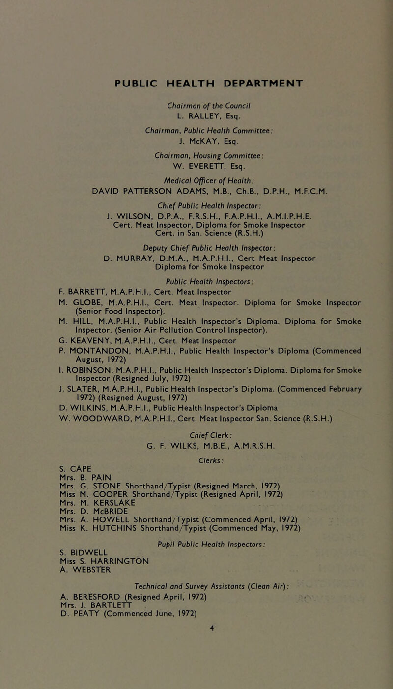 PUBLIC HEALTH DEPARTMENT Chairman of the Council L. RALLEY, Esq. Chairman, Public Health Committee: J. McKAY, Esq. Chairman, Housing Committee: W. EVERETT, Esq. Medical Officer of Health: DAVID PATTERSON ADAMS, M.B., Ch.B., D.P.H., M.F.C.M. Chief Public Health Inspector: J. WILSON, D.P.A., F.R.S.H., F.A.P.H.I., A.M.I.P.H.E. Cert. Meat Inspector, Diploma for Smoke Inspector Cert, in San. Science (R.S.H.) Deputy Chief Public Health Inspector: D. MURRAY, D.M.A., M.A.P.H.I., Cert Meat Inspector Diploma for Smoke Inspector Public Health Inspectors: F. BARRETT, M.A.P.H.I., Cert. Meat Inspector M. GLOBE, M.A.P.H.I., Cert. Meat Inspector. Diploma for Smoke Inspector (Senior Food Inspector). M. HILL, M.A.P.H.I., Public Health Inspector’s Diploma. Diploma for Smoke Inspector. (Senior Air Pollution Control Inspector). G. KEAVENY, M.A.P.H.I., Cert. Meat Inspector P. MONTANDON, M.A.P.H.I., Public Health Inspector’s Diploma (Commenced August, 1972) I. ROBINSON, M.A.P.H.I., Public Health Inspector’s Diploma. Diploma for Smoke Inspector (Resigned July, 1972) J. SLATER, M.A.P.H.I., Public Health Inspector’s Diploma. (Commenced February 1972) (Resigned August, 1972) D. WILKINS, M.A.P.H.I., Public Health Inspector’s Diploma W. WOODWARD, M.A.P.H.I., Cert. Meat Inspector San. Science (R.S.H.) Chief Clerk: G. F. WILKS, M.B.E., A.M.R.S.H. Clerks: S. CAPE Mrs. B. PAIN Mrs. G. STONE Shorthand/Typist (Resigned March, 1972) Miss M. COOPER Shorthand/Typist (Resigned April, 1972) Mrs. M. KERSLAKE Mrs. D. McBRIDE Mrs. A. HOWELL Shorthand/Typist (Commenced April, 1972) Miss K. HUTCHINS Shorthand/Typist (Commenced May, 1972) Pupil Public Health Inspectors: S. BIDWELL Miss S. HARRINGTON A. WEBSTER Technical and Survey Assistants (Clean Air): A. BERESFORD (Resigned April, 1972) Mrs. J. BARTLETT D. PEATY (Commenced June, 1972)