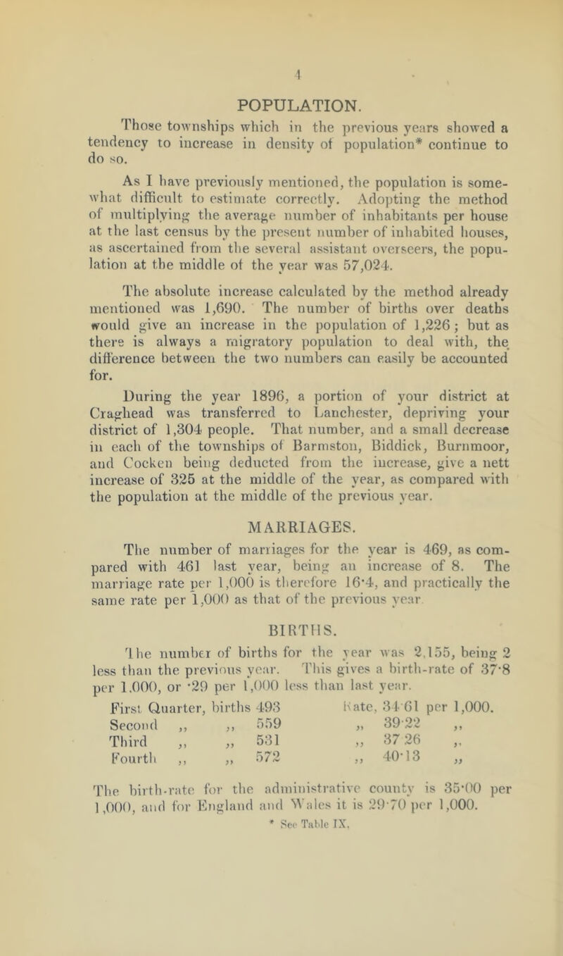 POPULATION. Those townships which in the previous years showed a tendency to increase in density of population* continue to do so. As I have previously mentioned, the population is some- what difficult to estimate correctly. Adopting the method of multiplying the average number of inhabitants per house at the last census by the present number of inhabited houses, as ascertained from the several assistant overseers, the popu- lation at the middle of the year was 57,024. * * The absolute increase calculated by the method already mentioned was 1,690. The number of births over deaths would give an increase in the population of 1,226; but as there is always a migratory population to deal with, the difference between the two numbers can easily be accounted for. During the year 1896, a portion of your district at Craghead was transferred to Lanchcster, depriving your district of 1,304 people. That number, and a small decrease in each of the townships of Barmston, Biddick, Burnmoor, and Cocken being deducted from the increase, give a nett increase of 325 at the middle of the year, as compared with the population at the middle of the previous year. MARRIAGES. The number of marriages for the year is 469, as com- pared with 461 last year, being an increase of 8. The marriage rate per 1,000 is therefore 16*4, and practically the same rate per 1,000 as that of the previous year BIRTHS. Ihe number of births for the year was 2,155, being 2 less than the previous year. This gives a birth-rate of 37*8 per 1.000, or ‘29 per 1,000 less than last year. First Quarter, births 493 Hate, 34 61 per 1,000. Second ,, ,, 559 „ 3922 ,, Third „ „ 531 „ 37 26 Fourth ,, ,, 572 ,, 40'13 D )) The birth-rate for the administrative county is 35*00 per 1,000, and for England and Wales it is 2970 per 1,000.