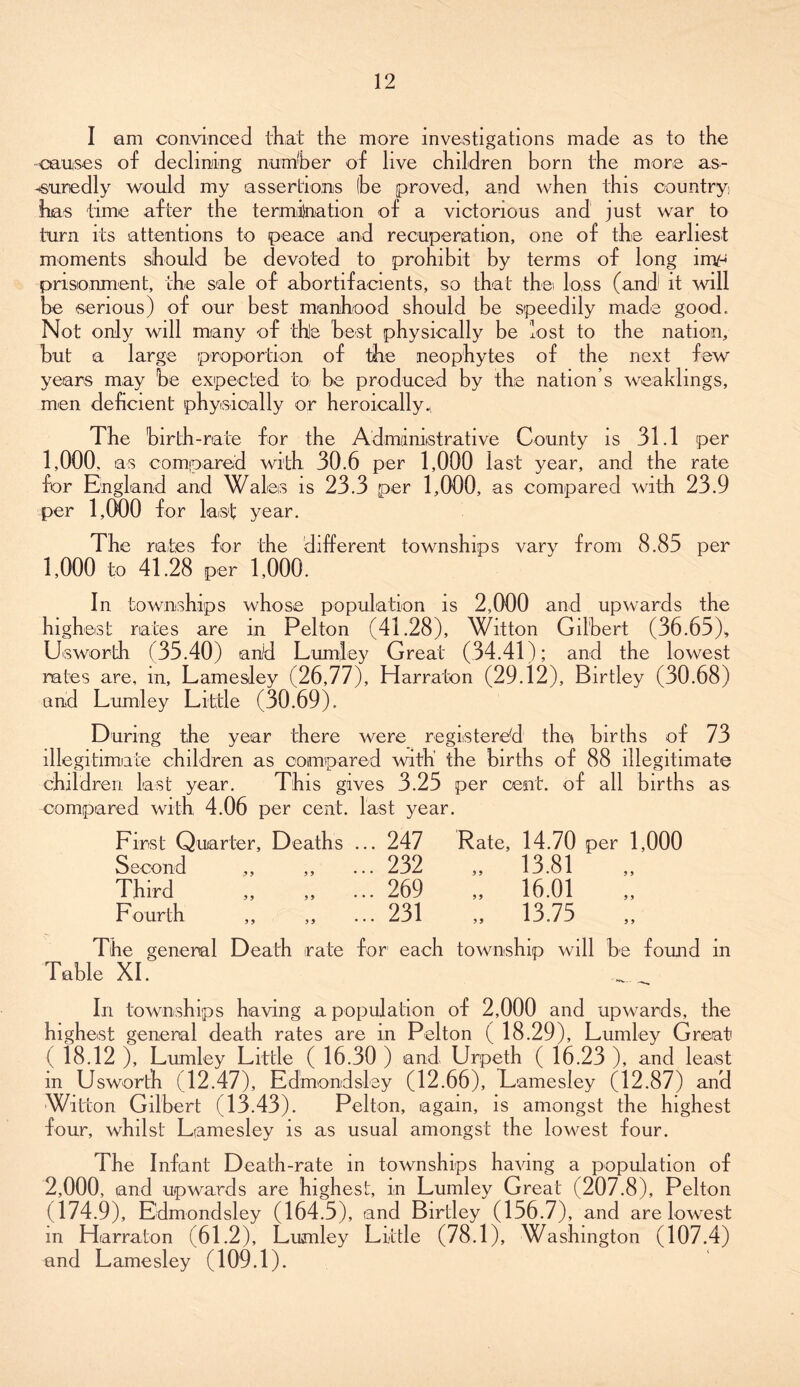 I am convinced that the more investigations made as to the causes of declining number of live children born the more as- suredly would my assertions be proved, and when this country has time after the termination of a victorious and just war to turn its attentions to peace and recuperation, one of the earliest moments should be devoted to prohibit by terms of long my-* prisonment, the sale of abortifacients, so that the loss (and it will be serious) of our best manhood should be speedily made good. Not only will many of the best physically be lost to the nation, but a large proportion of the neophytes of the next few years may be expected to be produced by the nation’s weaklings, men deficient physically or heroically^ The birth-rate for the Administrative County is 31.1 per 1.000, as compared wr th 30.6 per 1,000 last year, and the rate for England and Wales is 23.3 per 1,000, as compare! d with 23.9 per 1,000 for last year. The rates lor the different townships vary from 8.85 per 1,000 to 41.28 per 1,000. In townships whose population is 2,000 and upwards the highest rates are m Pelton (41.28), Witton Gilbert (36.65), Usworth (35.40) an/d Lumley Great (34.41); and the lowest rates are, in, Lamesley (26,77), Harraton (29.12), Birtley (30.68) and Lumley Little (30.69), During the year there were registered the births of 73 illegitimate children as compared with’ the births of 88 illegitimate children last year. This gives 3.25 per cent, of all births as compared with 4.06 per cent, last year. First Quarter, Deaths ... 247 Rate, 14.70 per 1,000 Second ,, ,, ... 232 ,, 13.81 Third ,, ,, ... 269 ,, 16.01 Fourth ,, ,, ... 231 ,, 13.75 The general Death irate for each township will be found m Table XI. In townships having a population of 2,000 and upwards, the highest general death rates are in Pelton ( 18.29), Lumley Great ( 18.12 ), Lumley Little ( 16.30 ) and Urpeth ( 16.23 ), and least in Usworth (12.47), Edmondsley (12.66), Lamesley (12.87) and Witton Gilbert (13.43). Pelton, again, is amongst the highest four, whilst Lamesley is as usual amongst the lowest four. The Infant Death-rate in townships having a population of 2.000, and upwards are highest, in Lumley Great (207.8), Pelton (174.9), Edmondsley (164.5), and Birtley (156.7), and are lowest in Harraton (61.2), Lumley Little (78.1), Washington (107.4) and Lamesley (109.1).