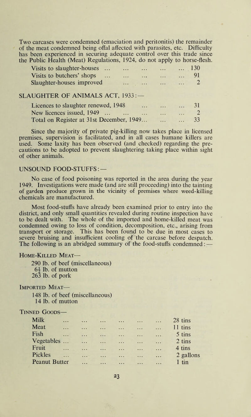 Two carcases were condemned (emaciation and peritonitis) the remainder of the meat condemned being offal affected with parasites, etc. Difficulty has been experienced in securing adequate control over this trade since the Public Health (Meat) Regulations, 1924, do not apply to horse-flesh. Visits to slaughter-houses 130 Visits to butchers’ shops 91 Slaughter-houses improved ... 2 SLAUGHTER OF ANIMALS ACT, 1933: — Licences to slaughter renewed, 1948 31 New licences issued, 1949 2 Total on Register at 31st December, 1949... ... ... 33 Since the majority of private pig-killing now takes place in licensed premises, supervision is facilitated, and in all cases humane killers are used. Some laxity has been observed (and checked) regarding the pre- cautions to be adopted to prevent slaughtering taking place within sight of other animals. UNSOUND FOOD-STUFFS: — No case of food poisoning was reported in the area during the year 1949. Investigations were made (and are still proceeding) into the tainting of garden produce grown in the vicinity of premises where weed-killing chemicals are manufactured. Most food-stuffs have already been examined prior to entry into the district, and only small quantities revealed during routine inspection have to be dealt with. The whole of the imported and home-killed meat was condemned owing to loss of condition, decomposition, etc., arising from transport or storage. This has been found to be due in most cases to severe bruising and insufficient cooling of the carcase before despatch. The following is an abridged summary of the food-stuffs condemned: — Home-Killed Meat— 290 lb. of beef (miscellaneous) 6^ lb. of mutton 263 lb. of pork Imported Meat— 148 lb. of beef (miscellaneous) 14 lb. of mutton Tinned Goods— Milk Meat Fish Vegetables ... Fruit Pickles Peanut Butter 11 tins 5 tins 2 tins 4 tins 2 gallons 1 tin