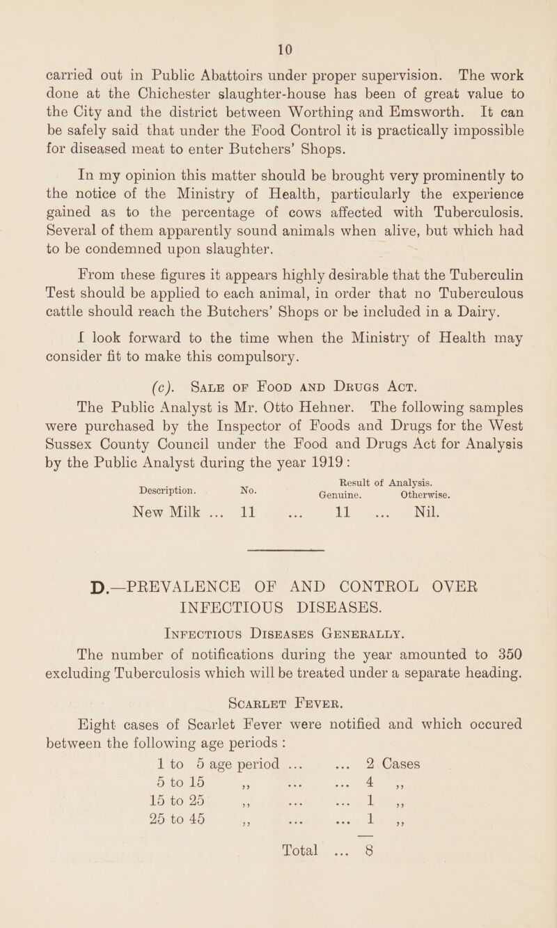carried out in Public Abattoirs under proper supervision. The work done at the Chichester slaughter-house has been of great value to the City and the district between Worthing and Emsworth. It can be safely said that under the Food Control it is practically impossible for diseased meat to enter Butchers’ Shops. In my opinion this matter should be brought very prominently to the notice of the Ministry of Health, particularly the experience gained as to the percentage of cows affected with Tuberculosis. Several of them apparently sound animals when alive, but which had to be condemned upon slaughter. From these figures it appears highly desirable that the Tuberculin Test should be applied to each animal, in order that no Tuberculous cattle should reach the Butchers’ Shops or be included in a Dairy. I look forward to the time when the Ministry of Health may consider fit to make this compulsory. (c). Sale of Food and Drugs Act. The Public Analyst is Mr. Otto Hehner. The following samples were purchased by the Inspector of Foods and Drugs for the West Sussex County Council under the Food and Drugs Act for Analysis by the Public Analyst during the year 1919: ■Result of Analysis. Description. No. Genuine. Otherwise. New Milk ... 11 ... 11 ... Nil. D— PREVALENCE OF AND CONTROL OVER INFECTIOUS DISEASES. Infectious Diseases Generally. The number of notifications during the year amounted to 350 excluding Tuberculosis which will be treated under a separate heading. Scarlet Fever. Eight cases of Scarlet Fever were notified and which oecured between the following age periods : 1 to 5 age period ... ... 2 Cases 5 to 15 ,, ... ... 4 15 to 25 ,, ... ... 1 25 to 45 ,, ... ... 1 7 7 7 7 Total 8