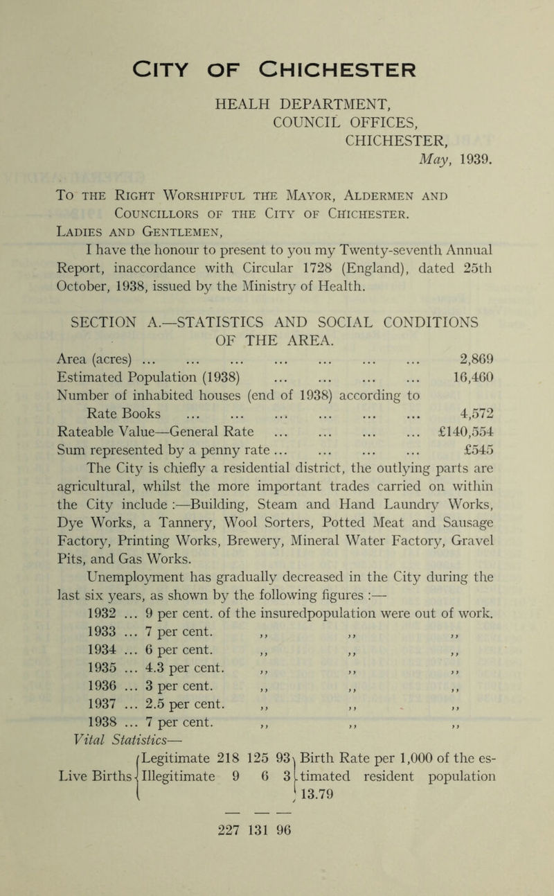 HEALH DEPARTMENT, COUNCIL OFFICES, CHICHESTER, May, 1939. To THE Right Worshipful the Mayor, Aldermen and Councillors of the City of Chichester. Ladies and Gentlemen, I have the honour to present to you my Twenty-seventh Annual Report, inaccordance with Circular 1728 (England), dated 25th October, 1938, issued by the Ministry of Health. SECTION A.—STATISTICS AND SOCIAL CONDITIONS OF THE AREA. Area (acres) ... ... ... ... ... 2,809 Estimated Population (1938) ... ... ... ... 16,400 Number of inhabited houses (end of 1938) according to Rate Books 4,572 Rateable Value—General Rate £140,554 Sum represented by a penny rate £545 The City is chiefly a residential district, the outlying parts are agricultural, whilst the more important trades carried on within the City include :—Building, Steam and Hand Laundry Works, Dye Works, a Tannery, Wool Sorters, Potted Meat and Sausage Factory, Printing Works, Brewery, Mineral Water Factory, Gravel Pits, and Gas Works. Unemployment has gradually decreased in the City during the last six years, as shown by the following figures :— 1932 ... 9 per cent, of the insuredpopulation were out of work. 1933 ... 7 per cent. ,, ,, ,, 1934 ... 6 per cent. ,, ,, ,, 1935 ... 4.3 per cent. ,, ,, ,, 1936 ... 3 per cent. ,, 1937 ... 2.5 per cent. ,, ,, 1938 ... 7 per cent. ,, ,, ,, Vital Statistics— /Legitimate 218 125 93Birth Rate per 1,000 of the es- Live Births J Illegitimate 9 6 3ltimated resident population I J 13.79 227 131 96