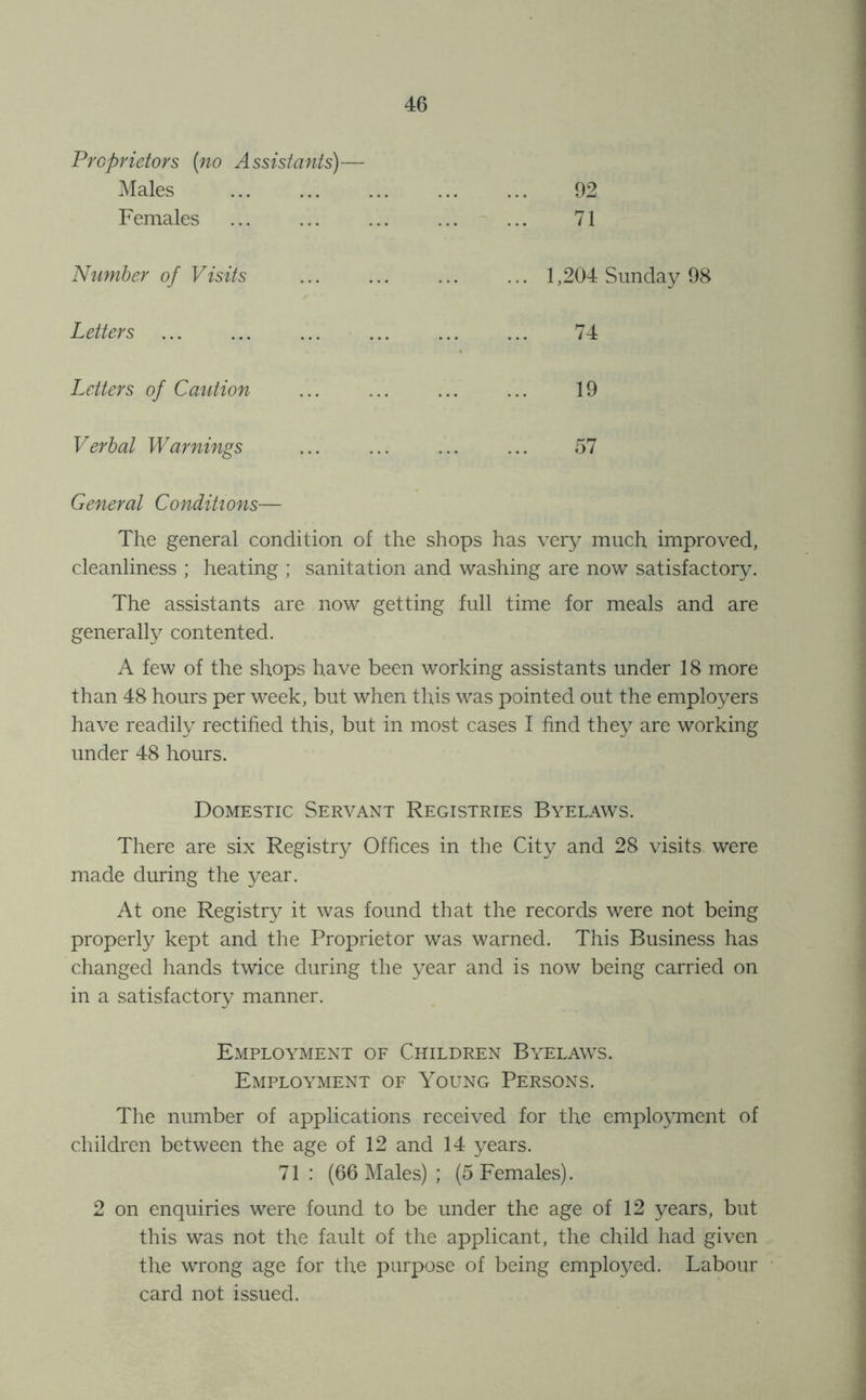Proprietors {no Assistants)— Males ... ... ... ... ... 92 Females ... ... ... 71 Number of Visits Letters Letters of Caution Verbal Warnings 1,204 Sunda}^ 98 74 19 57 General Conditions— The general condition of the shops has ver^^ much improved, cleanliness ; heating ; sanitation and washing are now satisfactory. The assistants are now getting full time for meals and are generally contented. A few of the shops have been working assistants under 18 more than 48 hours per week, but when this was pointed out the employers have readily rectified this, but in most cases I find they are working under 48 hours. Domestic Servant Registries Byelaws. There are six Registry Offices in the City and 28 visits were made during the year. At one Registry it was found that the records were not being properly kept and the Proprietor was warned. This Business has changed hands twice during the year and is now being carried on in a satisfactory manner. Employment of Children Byelaws. Employment of Young Persons. The number of applications received for the employment of children between the age of 12 and 14 years. 71 : (66 Males) ; (5 Females). 2 on enquiries were found to be under the age of 12 years, but this was not the fault of the applicant, the child had given the wrong age for the purpose of being employed. Labour ' card not issued.