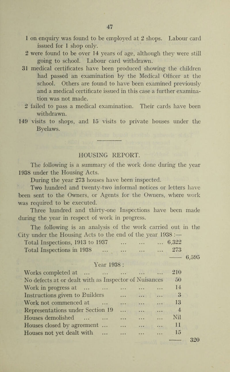 1 on enquiry was found to be employed at 2 shops. Labour card issued for 1 shop only. 2 were found to be over 14 years of age, although the}'^ were still going to school. Labour card withdrawn. 31 medical certificates have been produced showing the children had passed an examination by the Medical Officer at the school. Others are found to have been examined previousl}^ and a medical certificate issued in this case a further examina- tion was not made. 2 failed to pass a medical examination. Their cards have been withdrawn. 149 visits to shops, and 15 visits to private houses under the B3'elaws. HOUSING REPORT. The following is a summar}^ of the work done during the yesiV 1938 under the Housing Acts. During the 3-ear 273 houses have been inspected. Two hundred and twent3'-two informal notices or letters have been sent to the Owners, or Agents for the Owners, where work was required to be executed. Three hundred and thirt3-one Inspections have been made during the 3^ear in respect of work in progress. The following is an anal3^sis of the work carried out in the City under the Housing Acts to the end of the year 1938 :— Total Inspections, 1913 to 1937 6,322 Total Inspections in 1938 ... ... ... ... 273 0,595 Year 1938 : Works completed at ... ... ... ... ... 210 No defects at or dealt with as Inspector of Nuisances 50 Work in progress at 14 Instructions given to Builders ... ... ... 3 Work not commenced at ... ... ... ... 13 Representations under Section 19 ... ... ... 4 Houses demolished ... ... ... ... ... Nil Houses closed by agreement ... ... ... ... 11 Houses not yet dealt with 15 320