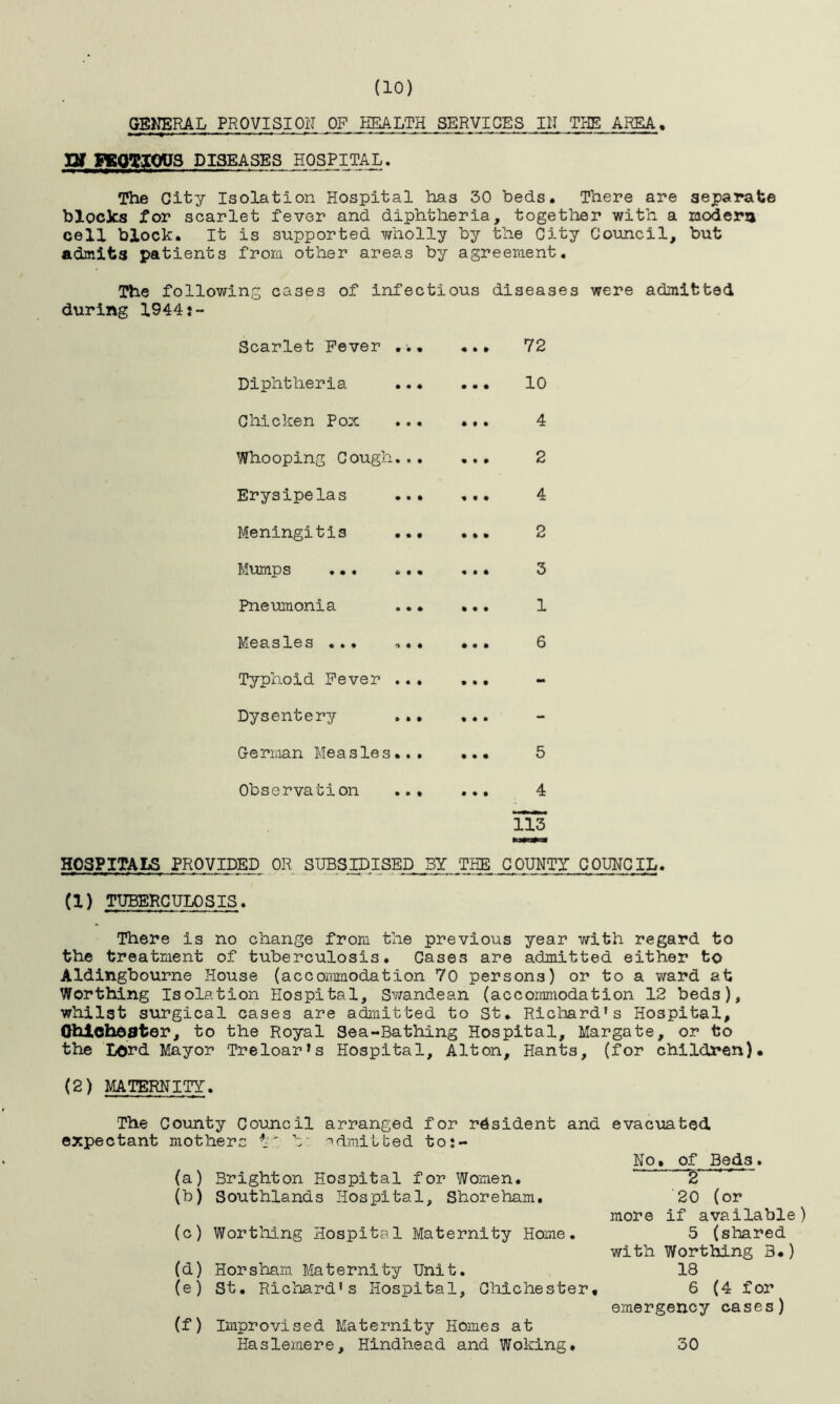 (10) GENERAL PROVISION OF HEALTH SERVICES IN THE AREA. XH FEQTIOUS DISEASES HOSPITAL. The City Isolation Hospital has 30 beds. There are separate blocks for scarlet fever and diphtheria, together with a modern cell block. It is supported wholly by the City Council, but admits patients from other areas by agreement. The following cases of infectious diseases were admitted during 1944j- Scarlet Fever .. • * • 72 Diphtheria • • • 10 Chicken Pox • ft • 4 Whooping Cough.. • • • 2 Erysipelas • ft • 4 Meningitis .. • • ft 2 Mumps ... • « ft 3 Pneumonia • ft • 1 Measles ... ,. • ft • 6 Typhoid Fever .. • • • - Dysentery • ft • - G-e rrnan Me a s le s.. • ft ft 5 Observation ♦ • ft 4 113 HOSPITALS PROVIDED OR SUBSIDISED 3Y THE COUNTY COUNCIL. (1) TUBERCULOSIS. There is no change from the previous year with regard to the treatment of tuberculosis. Cases are admitted either to Aldingbourne House (accommodation 70 persons) or to a ward at Worthing Isolation Hospital, Swandean (accommodation 12 beds), whilst surgical cases are admitted to St. Richard's Hospital, Ohlohddter, to the Royal Sea-Bathing Hospital, Margate, or to the Lord Mayor Treloar*s Hospital, Alton, Hants, (for children). (2) MATERNITY-. The County Council arranged for resident and evacuated expectant mothers i' V -'dmitbed to:- No. of Beds. (a) Brighton Hospital for Women. £ (b) Southlands Hospital, Shoreham. 20 (or more if available (c) Wortiling Hospital Maternity Home. 5 (shared with Worthing 3.) (d) Horsham Maternity Unit. 18 emergency cases) (f) Improvised Maternity Homes at Haslemere, Hindhead and Woking. 30 )