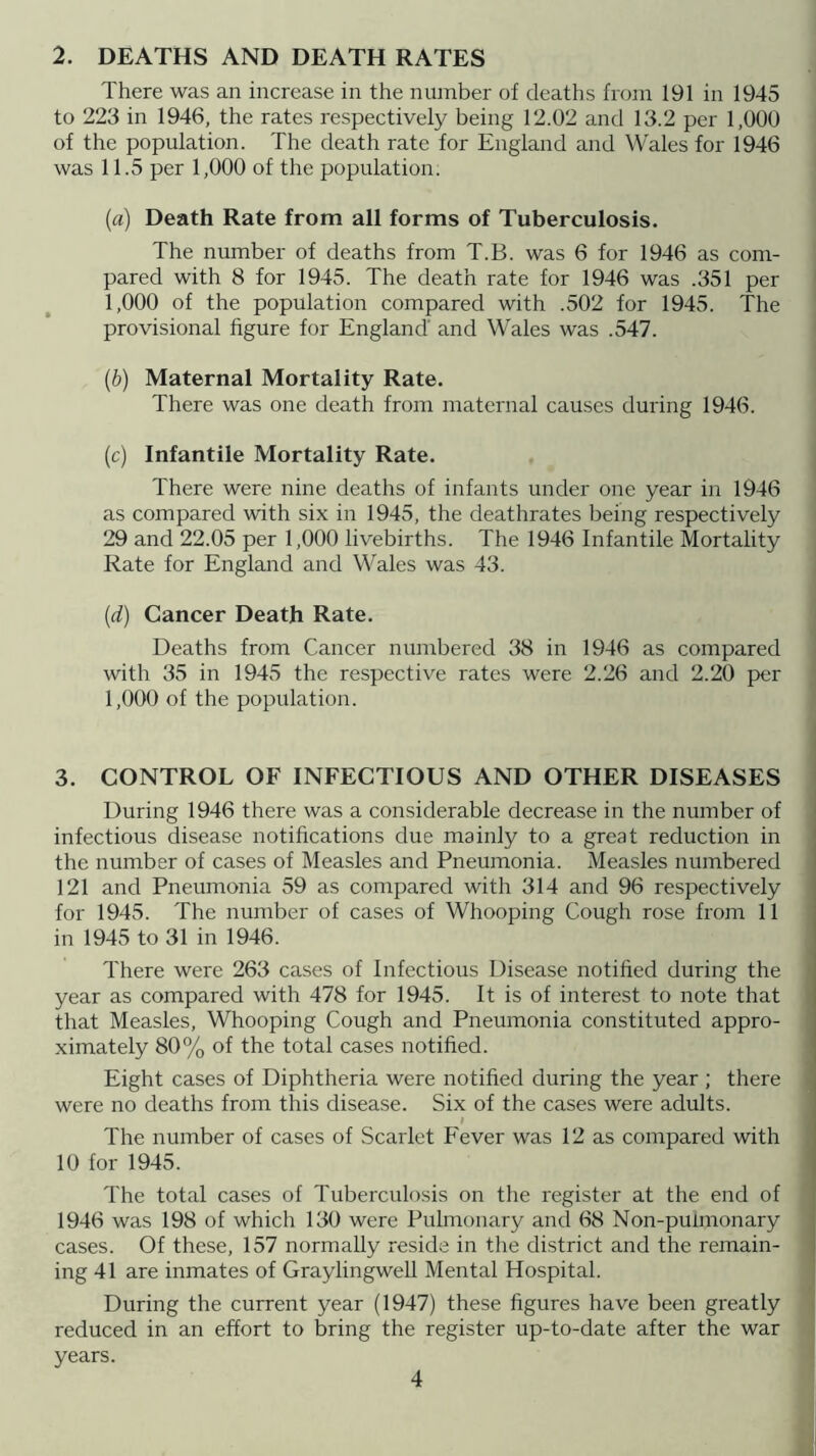 2. DEATHS AND DEATH RATES There was an increase in the number of deaths from 191 in 1945 to 223 in 1946, the rates I'espectively being 12.02 and 13.2 per 1,000 of the population. The death rate for England and Wales for 1946 was 11.5 per 1,000 of the population. [a] Death Rate from all forms of Tuberculosis. The number of deaths from T.B. was 6 for 1946 as com- pared with 8 for 1945. The death rate for 1946 was .351 per 1,000 of the population compared with .502 for 1945. The provisional figure for England' and Wales was .547. [b] Maternal Mortality Rate. There was one death from maternal causes during 1946. [c] Infantile Mortality Rate. There were nine deaths of infants under one year in 1946 as compared with six in 1945, the deathrates being respectively 29 and 22.05 per 1,000 livebirths. The 1946 Infantile Mortality Rate for England and Wales was 43. {d) Cancer Death Rate. Deaths from Cancer numbered 38 in 1946 as compared with 35 in 1945 the respective rates were 2.26 and 2.20 per 1,000 of the population. 3. CONTROL OF INFECTIOUS AND OTHER DISEASES ' During 1946 there was a considerable decrease in the number of infectious disease notifications due mainly to a great reduction in the number of cases of Measles and Pneumonia. Measles numbered 121 and Pneumonia 59 as compared with 314 and 96 respectively for 1945. The number of cases of Whooping Cough rose from 11 in 1945 to 31 in 1946. There were 263 cases of Infectious Disease notified during the year as compared with 478 for 1945. It is of interest to note that that Measles, Whooping Cough and Pneumonia constituted appro- ximately 80% of the total cases notified. Eight cases of Diphtheria were notified during the year ; there : were no deaths from this disease. Six of the cases were adults. I The number of cases of Scarlet Fever was 12 as compared with 10 for 1945. The total cases of Tuberculosis on the register at the end of 1946 was 198 of which 130 were Pulmonary and 68 Non-puiinonary j cases. Of these, 157 normally reside in tlie district and the remain- j ing 41 are inmates of Graylingwell Mental Hospital. During the current year (1947) these figures have been greatly reduced in an effort to bring the register up-to-date after the war years.