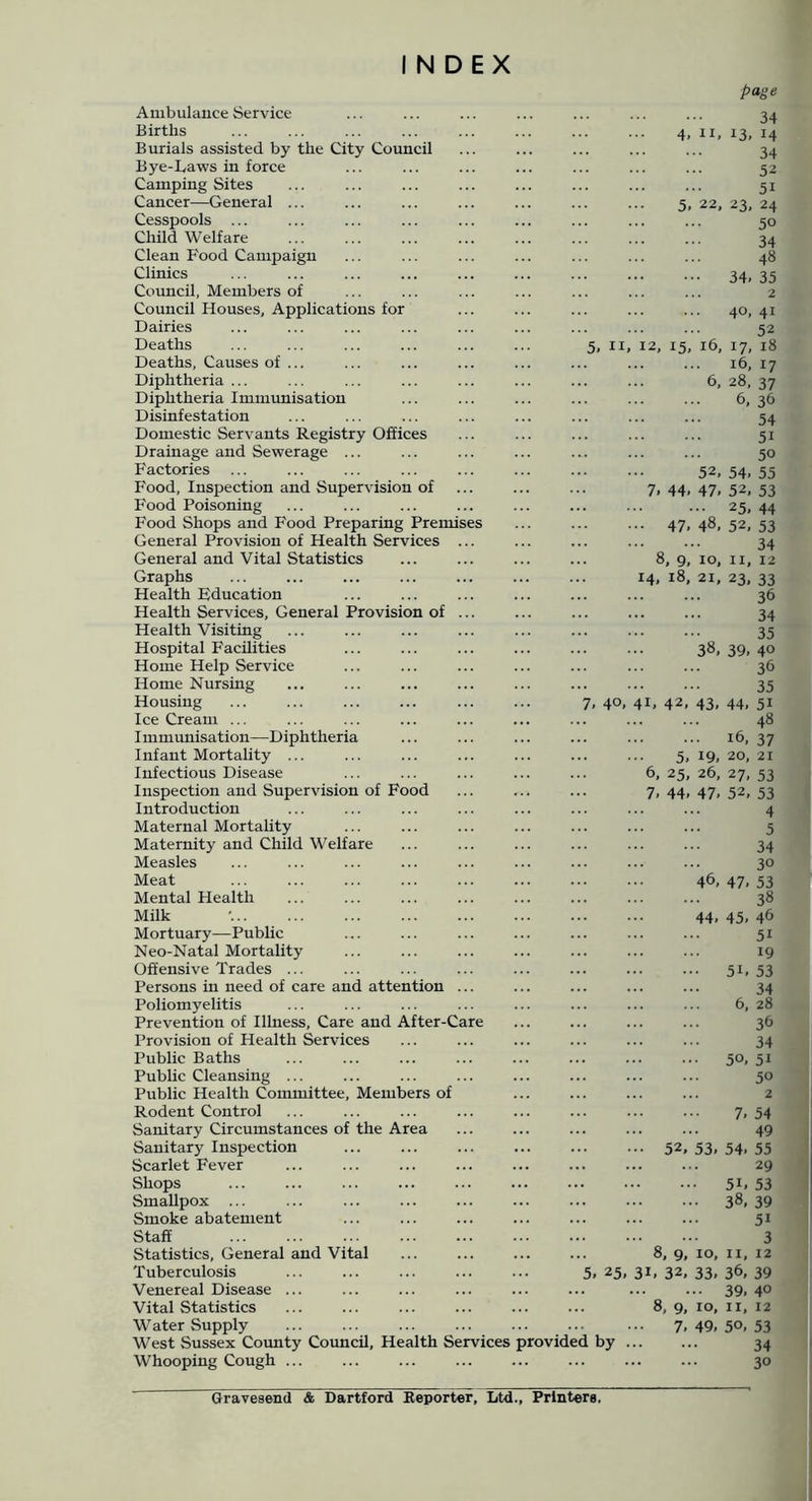 INDEX page Ambulance Service Births Burials assisted by the City Council Bye-Laws in force Camping Sites Cancer—General ... Cesspools ... Cliild Welfare Clean Food Campaign Clinics Council, Members of Council Houses, Applications for Dairies Deaths Deaths, Causes of ... Diphtheria ... Diphtheria Immimisation Disinfestation Domestic Servants Registry Offices Drainage and Sewerage ... Factories Food, Inspection and Supervision of Food Poisoning Food Shops and Food Preparing Premises General Provision of Health Services ... General and Vital Statistics Graphs Health Education Health Services, General Provision of ... Health Visiting Hospital Facilities Home Help Service Home Nursing Housing Ice Cream ... I mmunisation—Diphtheria Infant Mortality ... Infectious Disease Inspection and Supervision of Food Introduction Maternal Mortahty Maternity and Child Welfare Measles Meat Mental Health Milk 5. 7. 34 4, II, 13, 14 34 52 51 5, 22, 23, 24 50 34 48 34. 35 2 40. 41 52 II, 12, 15, 16, 17, 18 16, 17 6, 28, 37 6, 36 54 51 50 52, 54. 55 7. 44. 47. 52. 53 25, 44 ••• 47. 48. 52. 53 34 8, 9, 10, II, 12 14, 18, 21, 23, 33 36 34 35 38, 39. 40 36 35 40, 41, 42, 43, 44, 51 48 16. 37 5, 19, 20, 21 6, 25, 26, 27, 53 7. 44. 47. 52. 53 4 5 34 30 46. 47. 53 38 44. 45. 46 Mortuary—Public Neo-Natal Mortality Offensive Trades ... Persons in need of care and attention ... Poliomyelitis Prevention of Illness, Care and After-Care Provision of Health Services Public Baths Public Cleansing ... Public Health Committee, Members of Rodent Control Sanitary Circumstances of the Area Sanitary Inspection Scarlet Fever Shops Smallpox ... Smoke abatement Staff Statistics, General and Vital Tuberculosis Venereal Disease ... Vital Statistics Water Supply West Sussex Coimty Council, Health Services Whooping Cough )rovided by 51 19 51. 53 34 6, 28 36 34 • ■ 50. 51 50 2 7. 54 49 52, 53. 54. 55 29 ••• 51. 53 38. 39 51 3 8, 9, 10, II, 12 5. 25, 31, 32, 33, 36, 39 39. 40 8, 9, 10, II, 12 7. 49. 50. 53 34 30 Gravesend & Dartford Reporter, Ltd., Printers.