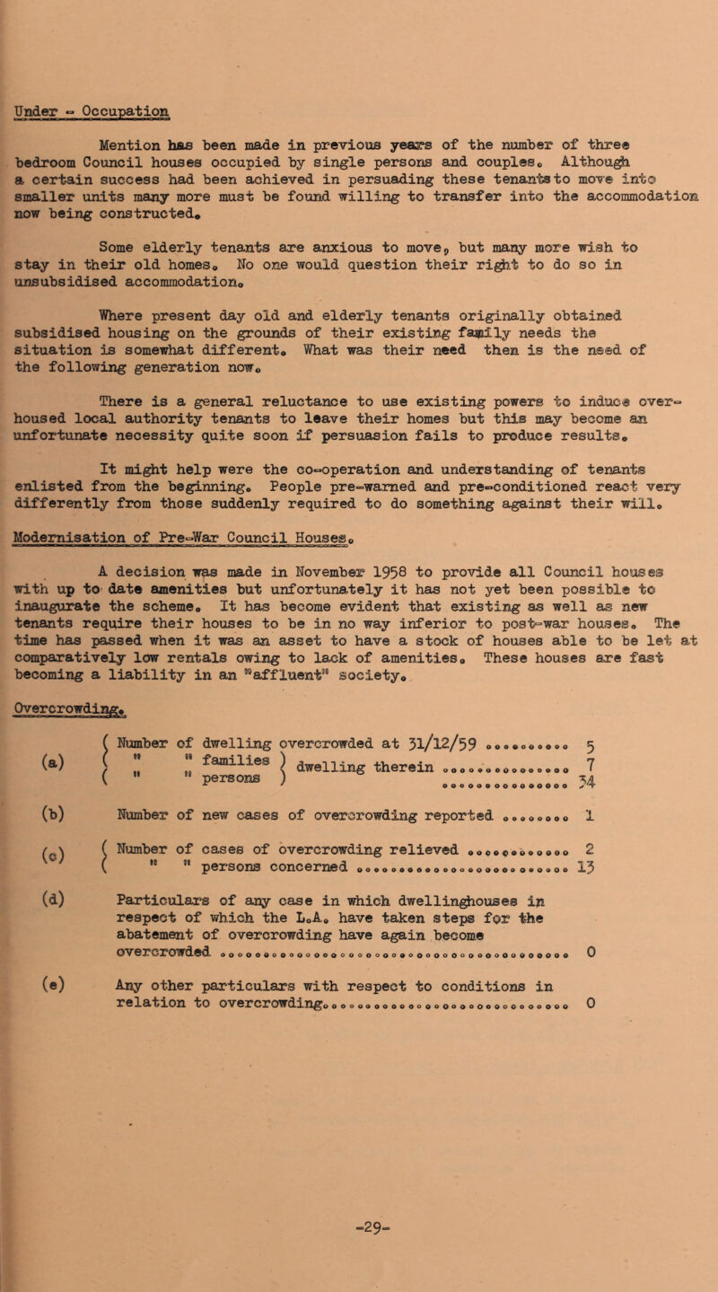 Under ° OccuTjation Mention has been made in previous years of the number of three bedroom Council houses occupied by single persons and couples*, Althou^ a certain success had been achieved in persuading these tenants to move into smaller units many more must be found willing to transfer into the accommodation now being constructed* Some elderly tenants are anxious to movej, but many more wish to stay in their old homes* No one would question their ri^t to do so in unsubsidised accommodation* Where present day old and elderly tenants originally obtained subsidised housing on the grounds of their existing fsujoily needs the situation is somewhat different* What was their need then is the need of the following generation now* There is a general reluctance to use existing powers to induce over«= housed local authority tenants to leave their homes but this may become an unfortunate necessity quite soon if persuasion fails to produce results* It might help were the co°operation and understanding of tenants enlisted from the beginning* People pre^wamed and pre«conditioned react very differently from those suddenly required to do something against their will* Modernisation of Pre-War Council Houses* A decision made in November 1958 to provide all Council houses with up tO' date amenities but unfortunately it has not yet been possible to inaugurate the scheme* It has become evident that existing as well as new tenants require their houses to be in no way inferior to post-war houses* The time has passed when it was an asset to have a stock of houses able to be let at comparatively low rentals owing to lack of amenities* These houses are fast becoming a liability in an “^affluent”” society* Overcrowding* ( Num (  (a) (b) (c) (d) Number of dwelling overcrowded at 5l/l2/59 It ti ^ dwelling therein (  ■■ persons Number of new cases of overcrowding reported OOO^OOOOPO OOOOOPOOPOOOOOO OOPOOO OOOOOOOOO OPPOOOOO 5 7 54 Number of cases of overcrowding relieved **oooaoooooo 2 persons concerned o****************** o***** 15 Particulars of any case in which dwellinghouses in respect of which the LoA* have taken steps for the abatement of overcrowding have again become o^^^ercrowded o*******00000*000*0*0*000*0000000*0***0** 0 (e) Any other x)articulars with respect to conditions in