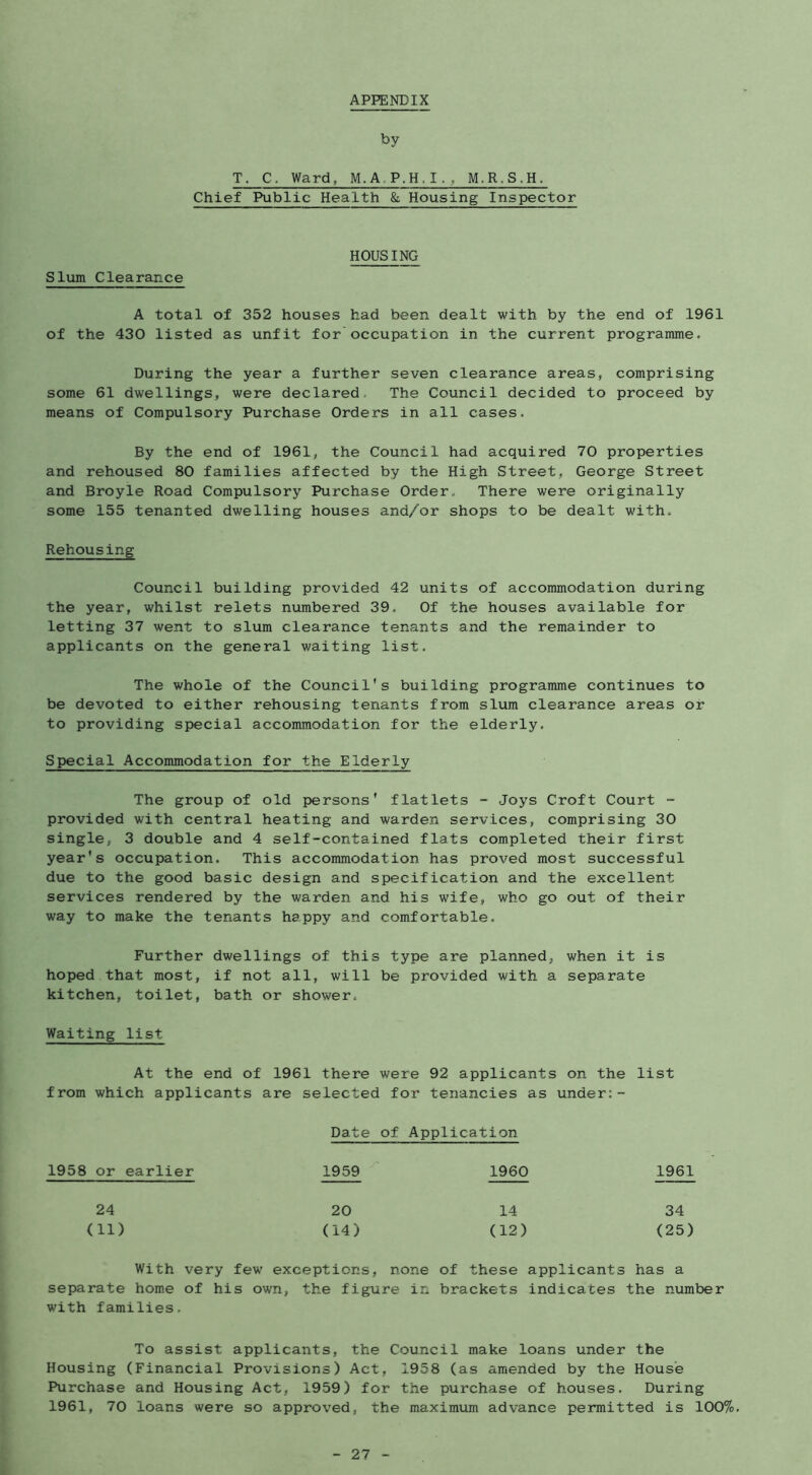 APPENDIX by T. C. Ward, M.A.P.H.I., M.R.S.H. Chief Public Health & Housing Inspector Slviin Clearance HOUSING A total of 352 houses had been dealt with by the end of 1961 of the 430 listed as unfit for occupation in the current programme. During the year a further seven clearance areas, comprising some 61 dwellings, were declared. The Council decided to proceed by means of Compulsory Purchase Orders in all cases. By the end of 1961, the Council had acquired 70 properties and rehoused 80 families affected by the High Street, George Street and Broyle Road Compulsory Purchase Order. There were originally some 155 tenanted dwelling houses and/or shops to be dealt with. Rehousing Council building provided 42 units of accommodation during the year, whilst relets numbered 39. Of the houses available for letting 37 went to slum clearance tenants and the remainder to applicants on the general waiting list. The whole of the Council's building programme continues to be devoted to either rehousing tenants from slum clearance areas or to providing special accommodation for the elderly. Special Accommodation for the Elderly The group of old persons' flatlets - Joys Croft Court - provided with central heating and warden services, comprising 30 single, 3 double and 4 self-contained flats completed their first year's occupation. This accommodation has proved most successful due to the good basic design and specification and the excellent services rendered by the warden and his wife, who go out of their way to make the tenants happy and comfortable. Further dwellings of this type are planned, when it is hoped that most, if not all, will be provided with a separate kitchen, toilet, bath or shower. Waiting list At the end of 1961 there were 92 applicants on the list from which applicants are selected for tenancies as under:- Date of Application 1958 or earlier 1959 1960 1961 24 20 14 34 (11) (14) (12) (25) With very few exceptions, none of these applicants has a separate home of his own, the figure in brackets indicates the number with families. To assist applicants, the Council make loans under the Housing (Financial Provisions) Act, 1958 (as amended by the House Purchase and Housing Act, 1959) for the purchase of houses. During 1961, 70 loans were so approved, the maximum advance permitted is 1007o.