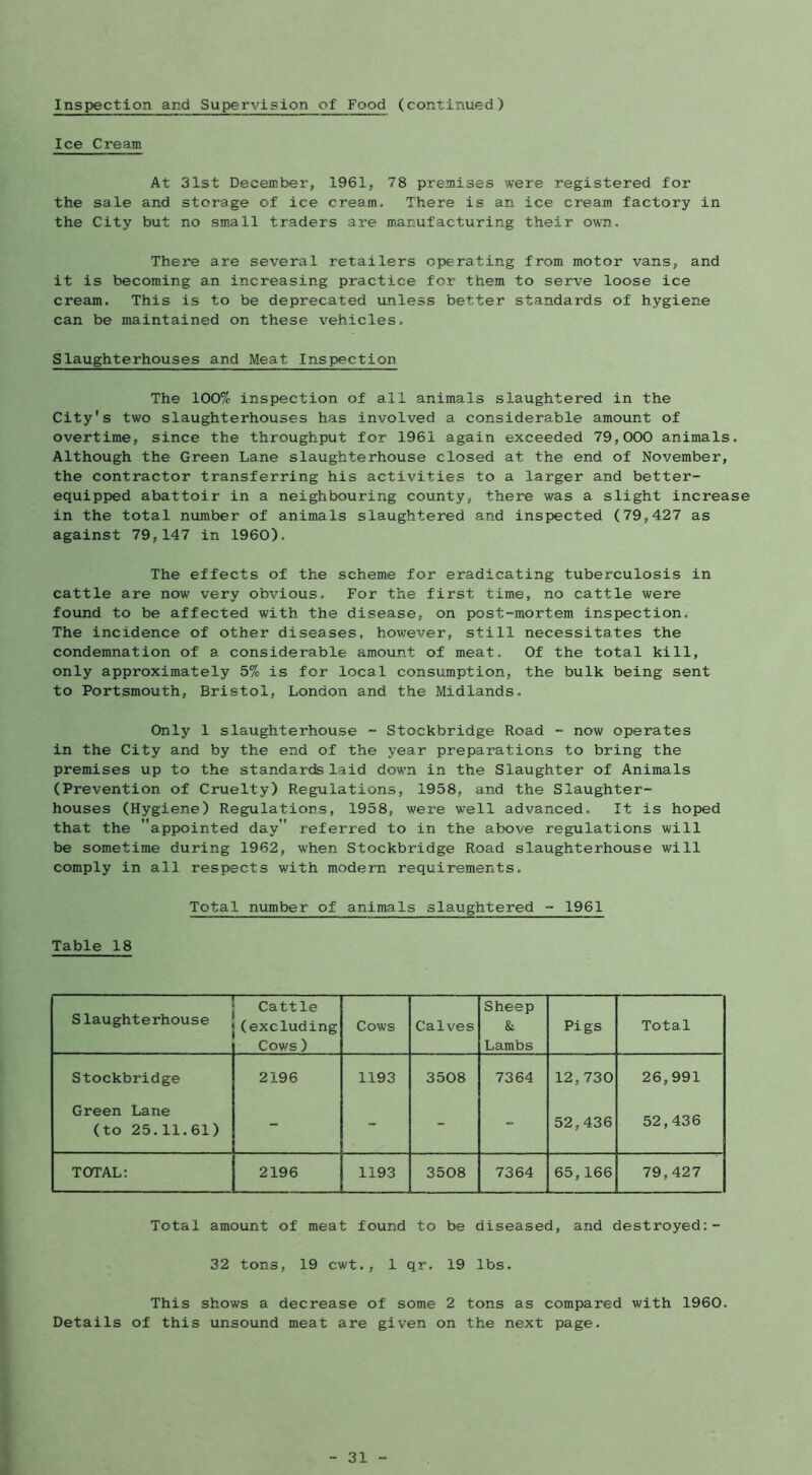 Inspection and Supervision of Food (continued) Ice Cream At 31st December, 1961, 78 premises were registered for the sale and storage of ice cream. There is an ice cream factory in the City but no sm.all traders are manufacturing their own. There are several retailers operating from motor vans, and it is becoming an increasing practice for them to serve loose ice cream. This is to be deprecated unless better standards of hygiene can be maintained on these vehicles. Slaughterhouses and Meat Inspection The 100% inspection of all animals slaughtered in the City's two slaughterhouses has involved a considerable amount of overtime, since the throughput for 1961 again exceeded 79,000 animals. Although the Green Lane slaughterhouse closed at the end of November, the contractor transferring his activities to a larger and better- equipped abattoir in a neighbouring county, there was a slight increase in the total number of animals slaughtered and inspected (79,427 as against 79,147 in 1960), The effects of the scheme for eradicating tuberculosis in cattle are now very obvious. For the first time, no cattle were found to be affected with the disease, on post-mortem inspection. The incidence of other diseases, however, still necessitates the condemnation of a considerable amount of meat. Of the total kill, only approximately 5% is for local consumption, the bulk being sent to Portsmouth, Bristol, London and the Midlands, Only 1 slaughterhouse - Stockbridge Road - now operates in the City and by the end of the year preparations to bring the premises up to the standards laid down in the Slaughter of Animals (Prevention of Cruelty) Regulations, 1958, and the Slaughter- houses (Hygiene) Regulations, 1958, were well advanced. It is hoped that the appointed day referred to in the above regulations will be sometime during 1962, when Stockbridge Road slaughterhouse will comply in all respects with modern requirements. Total number of animals slaughtered - 1961 Table 18 1 Slaughterhouse Cattle (excluding Cows ) Cows Calves Sheep & Lambs Pigs Total Stockbridge 2196 1193 3508 7364 12,730 26,991 Green Lane (to 25.11.61) - - - - 52,436 52,436 TOTAL: 2196 1193 3508 7364 65,166 79,427 Total amount of meat found to be diseased, and destroyed:- 32 tons, 19 cw't., 1 qr. 19 lbs. This shows a decrease of some 2 tons as compared with 1960. Details of this unsound meat are given on the next page.