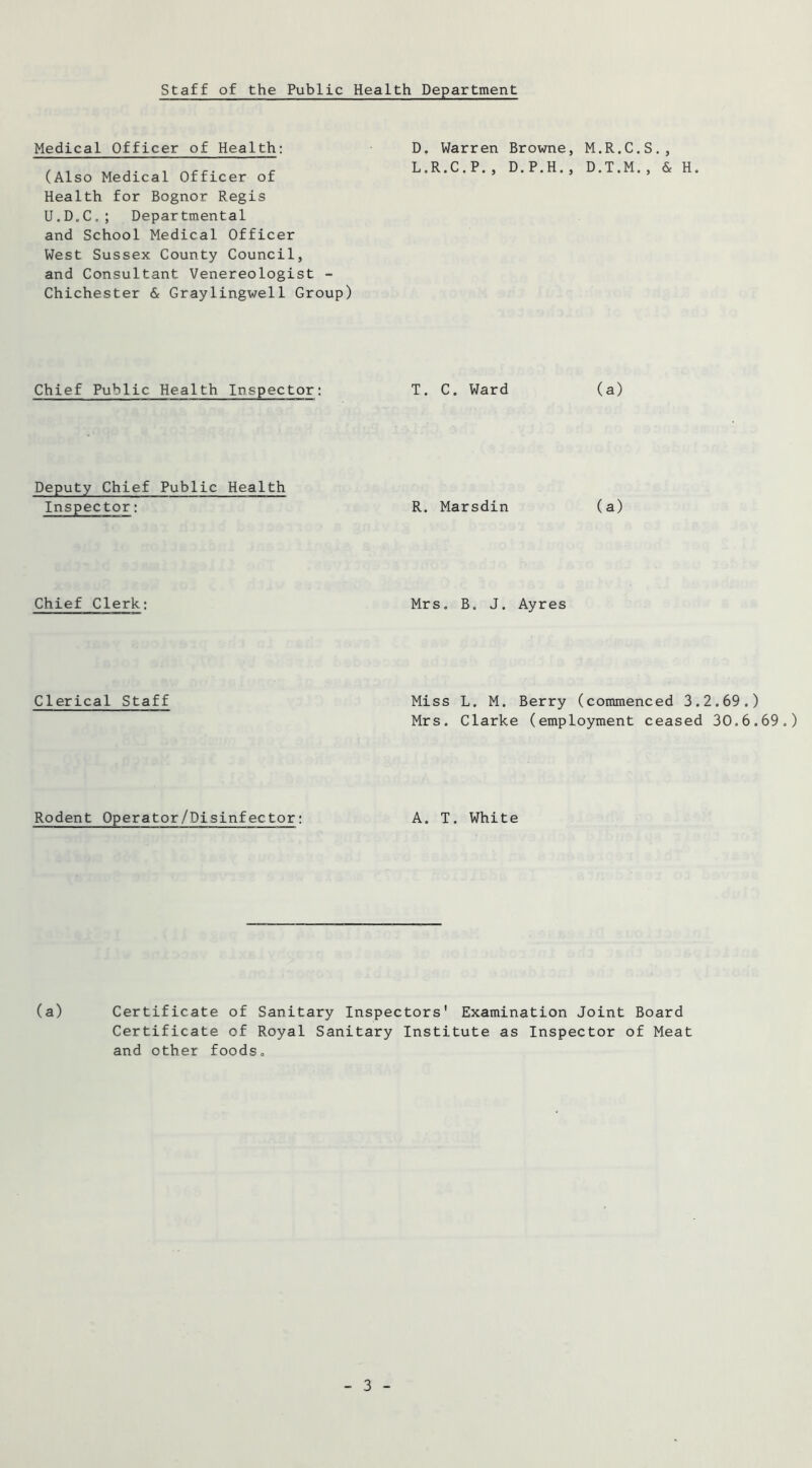 Staff of the Public Health Department Medical Officer of Health: (Also Medical Officer of Health for Bognor Regis U.D.C.; Departmental and School Medical Officer West Sussex County Council, and Consultant Venereologist - Chichester & Graylingwell Group) D, Warren Browne, M.R.C.S L.R.C.P., D.P.H., D.T.M., & H. Chief Public Health Inspector: T. C. Ward (a) Deputy Chief Public Health Inspector: R. Marsdin (a) Chief Clerk: Mrs. B. J. Ayres Clerical Staff Miss L. M. Berry (commenced 3.2.69.) Mrs. Clarke (employment ceased 30.6.69.) Rodent Operator/Disinfector: A. T. White (a) Certificate of Sanitary Inspectors' Examination Joint Board Certificate of Royal Sanitary Institute as Inspector of Meat and other foods.