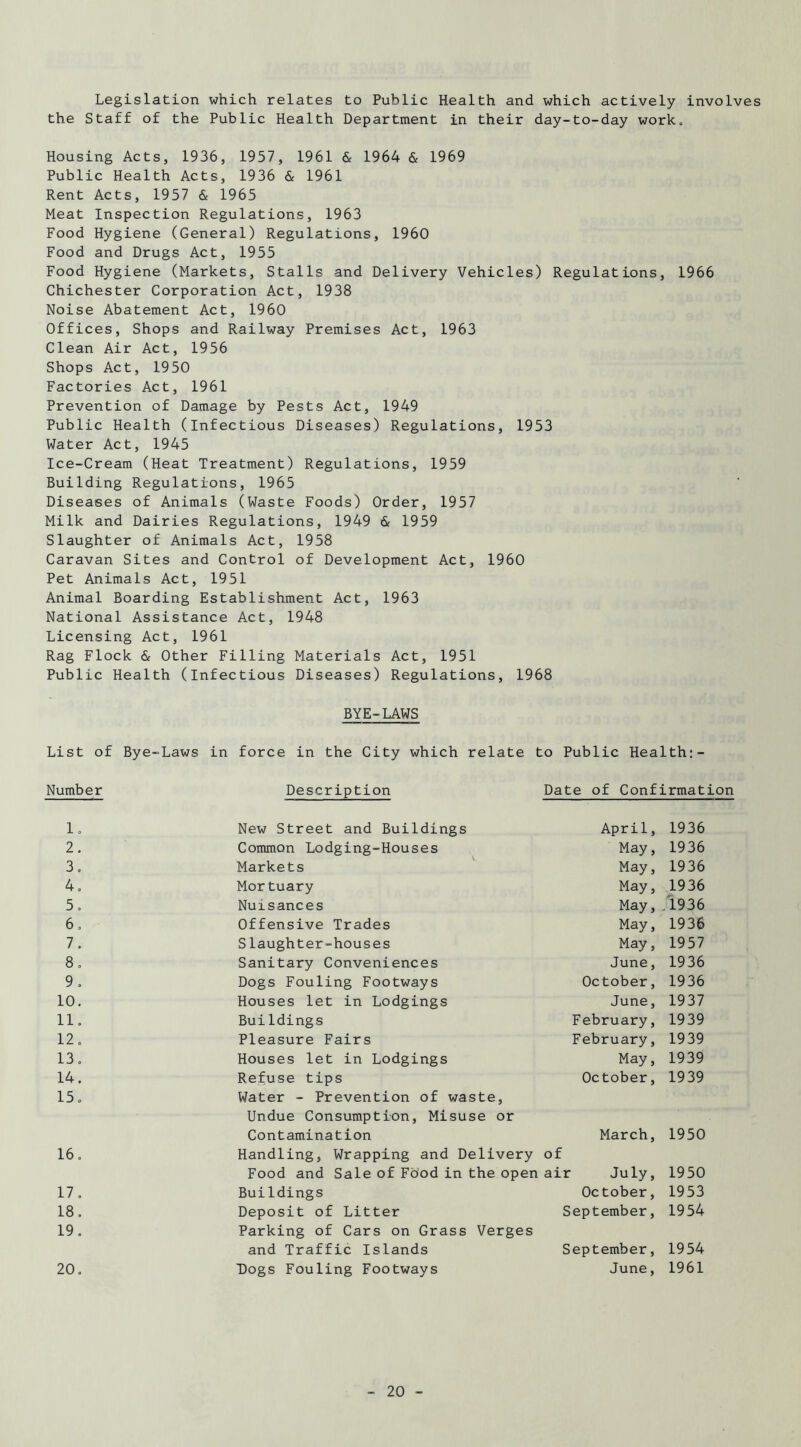 Legislation which relates to Public Health and which actively involves the Staff of the Public Health Department in their day-to-day work. Housing Acts, 1936, 1957, 1961 & 1964 & 1969 Public Health Acts, 1936 & 1961 Rent Acts, 1957 & 1965 Meat Inspection Regulations, 1963 Food Hygiene (General) Regulations, 1960 Food and Drugs Act, 1955 Food Hygiene (Markets, Stalls and Delivery Vehicles) Regulations, 1966 Chichester Corporation Act, 1938 Noise Abatement Act, 1960 Offices, Shops and Railway Premises Act, 1963 Clean Air Act, 1956 Shops Act, 1950 Factories Act, 1961 Prevention of Damage by Pests Act, 1949 Public Health (infectious Diseases) Regulations, 1953 Water Act, 1945 Ice-Cream (Heat Treatment) Regulations, 1959 Building Regulations, 1965 Diseases of Animals (Waste Foods) Order, 1957 Milk and Dairies Regulations, 1949 & 1959 Slaughter of Animals Act, 1958 Caravan Sites and Control of Development Act, 1960 Pet Animals Act, 1951 Animal Boarding Establishment Act, 1963 National Assistance Act, 1948 Licensing Act, 1961 Rag Flock & Other Filling Materials Act, 1951 Public Health (infectious Diseases) Regulations, 1968 BYE-LAWS List of Bye-Laws in force in the City which relate to Public Health;- Number Description Date of Confirmation 1. New Street and Buildings April, 1936 2. Common Lodging-Houses May, 1936 3, Markets May, 1936 4, Mortuary May, 1936 5, Nuisances May, .1936 6, Offensive Trades May, 1936 7. Slaughter-houses May, 1957 8, Sanitary Conveniences June, 1936 9o Dogs Fouling Footways October, 1936 10. Houses let in Lodgings June, 1937 11. Buildings February, 1939 12. Pleasure Fairs February, 1939 13. Houses let in Lodgings May, 1939 14. Refuse tips October, 1939 15. Water - Prevention of waste. Undue Consumption, Misuse or Contamination March, 1950 16. Handling, Wrapping and Delivery of Food and Sale of Food in the open air duly. 1950 17. Buildings October, 1953 18. Deposit of Litter September, 1954 19. Parking of Cars on Grass Verges and Traffic Islands September, 1954 20, Dogs Fouling Footways June, 1961