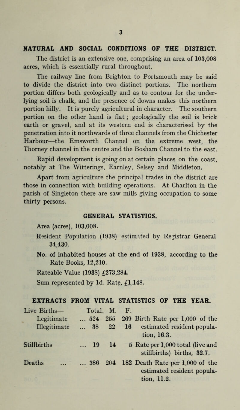 NATURAL AND SOCIAL CONDITIONS OF THE DISTRICT. The district is an extensive one, comprising an area of 103,008 acres, which is essentially rural throughout. The railway hne from Brighton to Portsmouth may be said to divide the district into two distinct portions. The northern portion differs both geologically and as to contour for the under- lying soil is chalk, and the presence of downs makes this northern portion hilly. It is purely agricultural in character. The southern portion on the other hand is flat; geologically the soil is brick earth or gravel, and at its western end is characterised by the penetration into it northwards of three channels from the Chichester Harbour—the Emsworth Channel on the extreme west, the Thomey channel in the centre and the Bosham Channel to the east. Rapid development is going on at certain places on the coast, notably at The Witterings, Earnley, Selsey and Middleton. Apart from agriculture the principal trades in the district are those in connection with building operations. At Charlton in the parish of Singleton there are saw mills giving occupation to some thirty persons. GENERAL STATISTICS. Area (acres), 103,008. Resident Population (1938) estimited by Registrar General 34,430. No. of inhabited houses at the end of 1938, according to the Rate Books, 12,210. Rateable Value (1938) £273,284. Sum represented by Id. Rate, £1,148. EXTRACTS FROM VITAL STATISTICS OF THE YEAR. Live Births— Total. M. F. Legitimate ... 524 255 269 Birth Rate per 1,000 of the Illegitimate ... 38 22 16 estimated resident popula- tion, 16.3. Stillbirths ... 19 14 5 Rate per 1,000 total (live and stillbirths) births, 32.7. Deaths ... 386 204 182 Death Rate per 1,000 of the estimated resident popula- tion, 11.2.