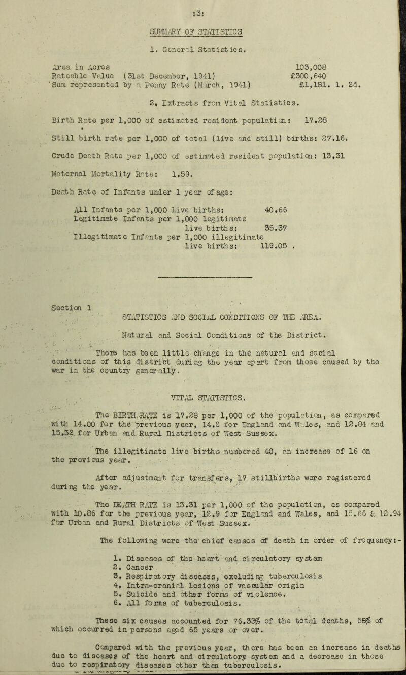 ;3: SUTlL:iRY OS' STATISTICS 1. G-ener?.l Statistics. Area in Acres 103,008 Rateable VpAug (31st December, 1941) £300,640 'Sum represented by a Penny Rate (March, 1941) £1,181. 1, 2d. 2, Extracts from Vital Statistics. Birth Rate per 1,000 of estimated resident population; 17,28 Still birth rate per 1,000 of total (live and still) births; 27.16. Crude Death Rate per 1,000 of estimated resident population: 13,31 Maternal Mortality Rate: 1,59. Death Rate of Infants under 1 year of age; All Infants per 1,000 live births; 40,66 Legitimate Infants per 1,000 legitimate live births: 35,37 Illegitimate Infants per 1,000 illegitimate live births; 119.05 . Section 1 ST/IPISTICS .AID SOCIiiL CONDITIONS OF THE /IffiA. Natural and Social Conditions of the District. ‘ There has been little-change in the natural and social conditions of this district during tho year apart from those caused by the war in the countiy ganerally. Vrr/iL STATISTICS. The BIRTH;.R/i.TE is‘17.28 per 1,000 of the population, as compared with 14,00 for the'previous year, 14,2 for Dnglcand and Wales, and 12,84 and 15,32. for Urban and Rural Districts of West Sussex. The illegitimate live, births numbered 40, an increase of 16 on the previous year. After adjustment for transfers, 17.. stillbirths were registered during tho year. '■ The DEATH R/iTS is 13.31 per 1,000 of the population, as compared with 10.86 for tho previous year,'12,9 for England and Vlales, and 15,66 12.94 for Urban and Rural Districts of West Sussex. The following were the'chief causes of death in order of frcquency:- 1, Diseases of the he art'-and circulatory system 2, Cancer 3, Respiratory diseases,'•excluding tuberculosis 4, Intra-cranial losioiis of yascul^ origin 5, Suicide and other forms of violence. 6, fj-l foims of tuberculosis. These six causes accounted for 76,339^ of the to-tal deaths, 58^^ of which occurred in persons aged 65 years or over. Compared with ■the previous year, there has been an increase in deaths duo to diseases of the heart and circulatory system and a decrease in those duo to respiratory diseases other then tuberculosis.