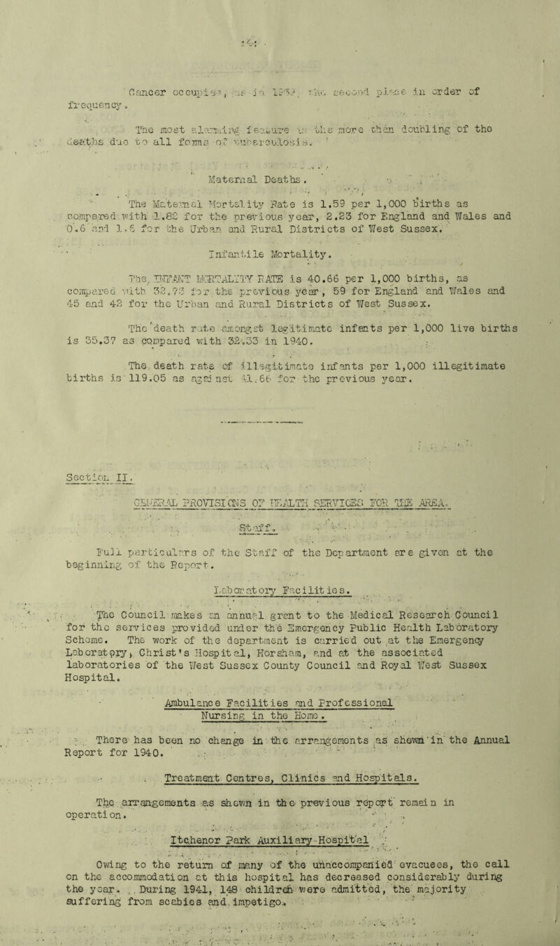 ' 0oncer ot- t.'l-.e ce.i:.oo''i pj.oc;e in order of frequencjf. TiiG most , 1 eoii.ui'e U-; tlie more clidn doubling of the dec’lths duo to all foms of uu-berculosib. Maternal Deaths. o ■  The Material llortality Pate is 1.59 per 1,000 h’irths as comra.red T'Vith 1,82 for the previous year, 2,23 for England and Wales and 0,6 and 1,6 for the Urban and Rural Districts of West Sussex.' ’ Infani-ile Mortality. The, IIDPAWT MORTALITY RATE is 40.66 per 1,000 births, as compared vith 32.?3 for. the previous year , 59 for England and Wales and 45 and 42 for the Urban and Rural Districts of West Sussex. The'death rate amorg;£t legitimate infants per 1,000 live births is 35,37 as compared with 32,33 in 1940, : The death rate of illegitimate infants per 1,000 illegitimate births is'119.05 as against 41c66 for the previous year. G7A^rip.AL PROVISICNS OR TIEILTPI SERVICES FOR TflE ■V - I'uil particulars of the Staff of the Department are given at the beginning of the Report. 11 ah a? at oiw Fac i lit ie s. The Council roakes an annual grant to the Medical Research Council for the services provided under the Emergency Public Health Laboratory Scheme. The work of the department is carried out ,at the Emergency Lab or at pry, Christ’s Hospital, Horsham, and at the associsated laboratories of the West Sussex County Council and Royal West Sussex Hospital. Ambulance Facilities and Professional Nursing in the Homo . There has been no change in'the arrangements ^as shewn'in'the Annual Report for 1940. • ' Treatment Centres, CliniCs and Hospitals. The .arrangements -.as shevin in -the' previous rep or-6' remain in operation. ^ ... Itdhenor Park Auxiliary■<Hospital Ovdng to the return of many of the uiia’ccompanied'evacuees, the call on the accommodation at this hospital has decreased considerably during the year. ..During 1941,^ 148 ohildrai; were admitted, the'majority suffering from scabies and, impetigo.. .