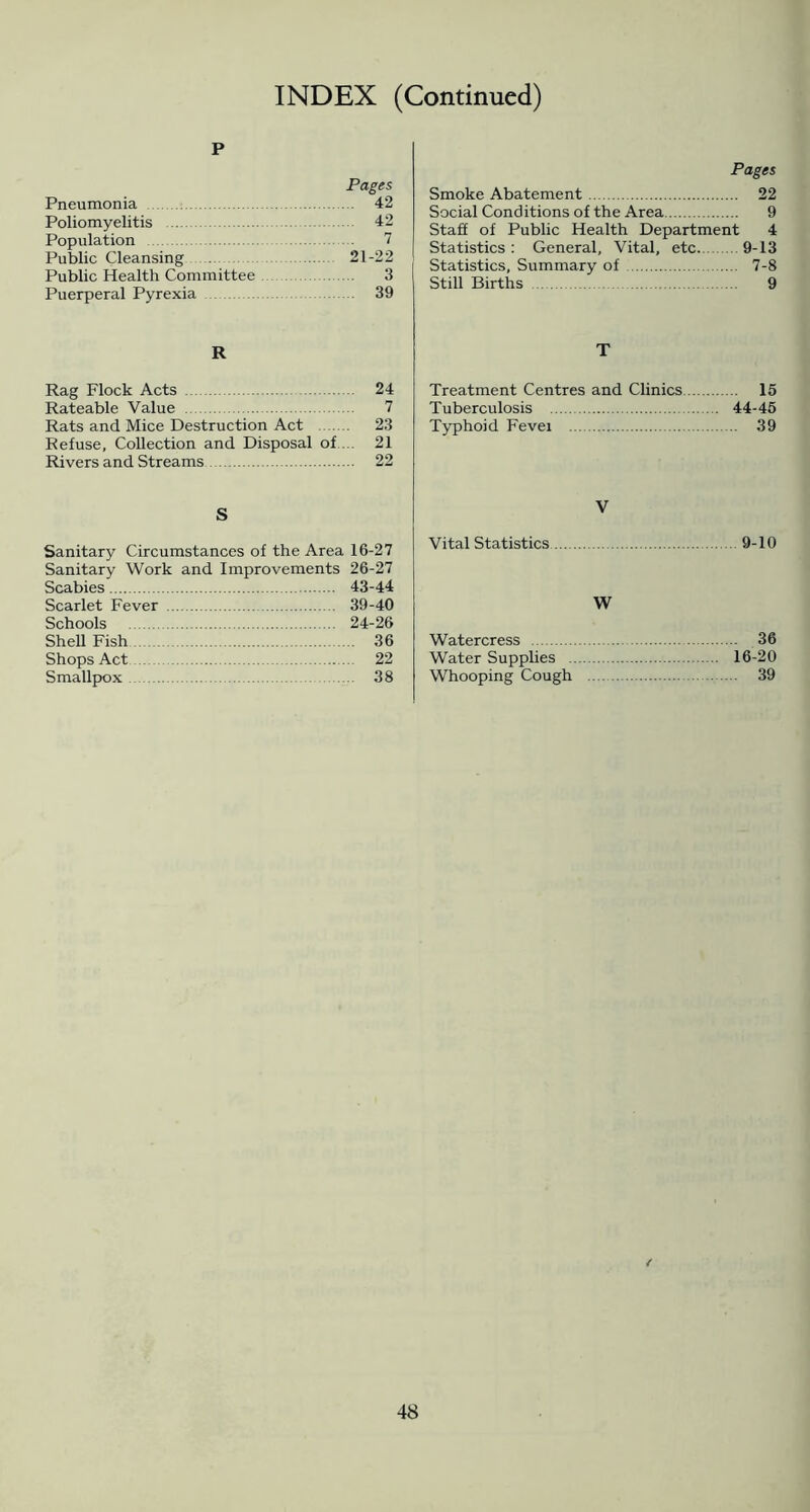 INDEX (Continued) p Pages Pneumonia 42 Poliomyelitis 42 Population V Public Cleansing 21-22 Public Health Committee 3 Puerperal Pyrexia 39 R Rag Flock Acts 24 Rateable Value 7 Rats and Mice Destruction Act 23 Refuse, Collection and Disposal of... 21 Rivers and Streams 22 S Sanitary Circumstances of the Area 16-27 Sanitary Work and Improvements 26-27 Scabies 43-44 Scarlet Fever 39-40 Schools 24-26 Shell Fish 36 Shops Act 22 Smallpox 38 Pages Smoke Abatement 22 Social Conditions of the Area 9 Staff of Public Health Department 4 Statistics : General, Vital, etc 9-13 Statistics, Summary of 7-8 Still Births 9 T Treatment Centres and Clinics 15 Tuberculosis 44-45 Typhoid Fevei 39 V Vital Statistics 9-10 W Watercress 36 Water Supplies 16-20 Whooping Cough 39