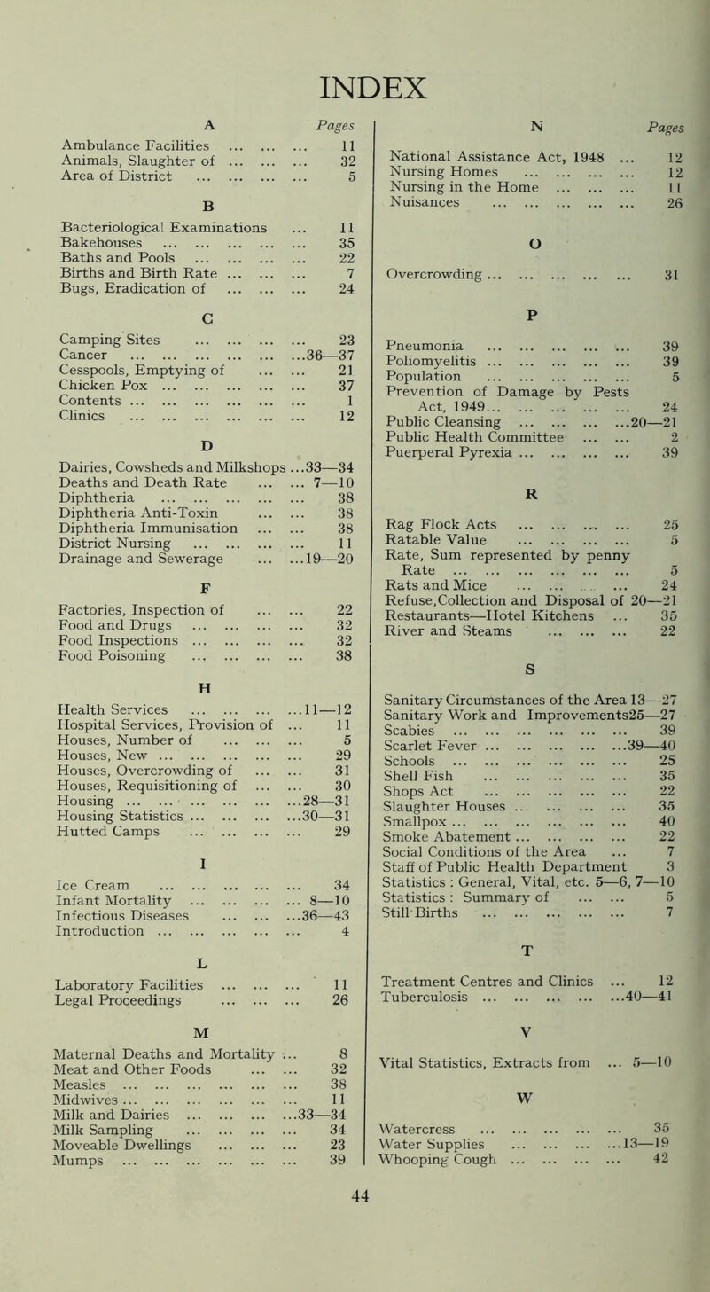 f INDEX A Pages Ambulance Facilities 11 Animals, Slaughter of 32 Area of District 5 B Bacteriological Examinations 11 Bakehouses 35 Baths and Pools 22 Births and Birth Rate 7 Bugs, Eradication of 24 C Camping Sites 23 Cancer ...36—37 Cesspools, Emptying of 21 Chicken Pox 37 Contents 1 Clinics 12 D Dairies, Cowsheds and Milkshops ...33—34 Deaths and Death Rate ... 7—10 Diphtheria 38 Diphtheria Anti-Toxin 38 Diphtheria Immunisation 38 District Nursing 11 Drainage and Sewerage ..19—20 F Factories, Inspection of 22 Food and Drugs 32 Food Inspections 32 Food Poisoning 38 H Health Services ..11—12 Hospital Services, Provision of 11 Houses, Number of 5 Houses, New 29 Houses, Overcrowding of 31 Houses, Requisitioning of 30 Housing ..28—31 Housing Statistics ..30—31 Hutted Camps 29 1 Ice Cream 34 Infant Mortality .. 8—10 Infectious Diseases ..36—43 Introduction 4 L Laboratory Facilities 11 Legal Proceedings 26 M Maternal Deaths and MortaUty .. 8 Meat and Other Foods 32 Measles 38 Midwives 11 Milk and Dairies .33—34 Milk Sampling 34 Moveable Dwellings 23 Mumps 39 N Pages National Assistance Act, 1948 .. 12 Nursing Homes 12 Nursing in the Home 11 Nuisances 26 O Overcrowding 31 P Pneumonia 39 Poliomyelitis 39 Population 5 Prevention of Damage by Pests Act, 1949 24 Public Cleansing 20—21 Public Health Committee 2 Puerperal Pyrexia 39 R Rag Flock Acts 25 Ratable Value 5 Rate, Sum represented by penny Rate 5 Rats and Mice ... 24 Refuse,Collection and Disposal of 20—21 Restaurants—Hotel Kitchens ... 35 River and Steams 22 S Sanitary Circumstances of the Area 13—27 Sanitary Work and Improvements25—27 Scabies 39 Scarlet Fever 39—40 Schools 25 Shell Fish 35 Shops Act 22 Slaughter Houses 35 Smallpox 40 Smoke Abatement 22 Social Conditions of the Area ... 7 Staff of Public Health Department 3 Statistics ; General, Vital, etc. 5—6, 7—10 Statistics : Summary of 5 Still Births 7 T Treatment Centres and Clinics ... 12 Tuberculosis 40—41 V Vital Statistics, Extracts from ... 5—10 W Watercress 35 Water Supplies 13—19 Whooping Cough 42