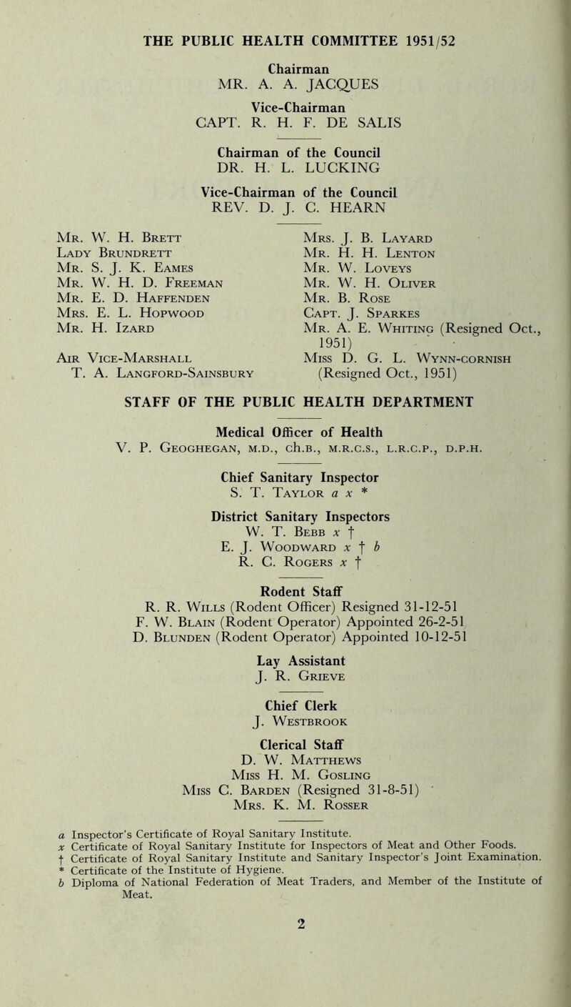 THE PUBLIC HEALTH COMMITTEE 1951/52 Chairman MR. A. A. JACQUES Vice-Chairman CAPT. R. H. F. DE SALIS Chairman of the Council DR. H. L. Vice-Chairman REV. D. J. Mr. W. H. Brett Lady Brundrett Mr. S. J. K. Eames Mr. W. H. D. Freeman Mr. E. D. Haffenden Mrs. E. L. Hopwood Mr. H. Izard Air Vice-Marshall T. A. Langford-Sainsbury STAFF OF THE PUBLIC LUCKING of the Council C. HEARN Mrs. j. B. Layard Mr. H. H. Lenton Mr. W. Loveys Mr. W. H. Oliver Mr. B. Rose Capt. j. Sparkes Mr. a. E. Whiting (Resigned Oct., 1951) Miss D. G. L. Wynn-cornish (Resigned Oct., 1951) HEALTH DEPARTMENT Medical Officer of Health V. P. GeOGHEGAN, M.D., ch.B., M.R.C.S., L.R.C.P., D.P.H. Chief Sanitary Inspector S. T. Taylor ax* District Sanitary Inspectors W. T. Bebb X I E. J. Woodward x b R. C. Rogers at I Rodent Staff R. R. Wills (Rodent Officer) Resigned 31-12-51 F. W. Blain (Rodent Operator) Appointed 26-2-51 D. Blunden (Rodent Operator) Appointed 10-12-51 Lay Assistant J. R. Grieve Chief Clerk J. Westbrook Clerical Staff D. W. Matthews Miss H. M. Gosling Miss G. Barden (Resigned 31-8-51) Mrs. K. M. Rosser a Inspector’s Certificate of Royal Sanitary Institute. X Certificate of Royal Sanitary Institute for Inspectors of Meat and Other Foods, t Certificate of Royal Sanitary Institute and Sanitary Inspector’s Joint Examination. * Certificate of the Institute of Hygiene. b Diploma of National Federation of Meat Traders, and Member of the Institute of Meat.