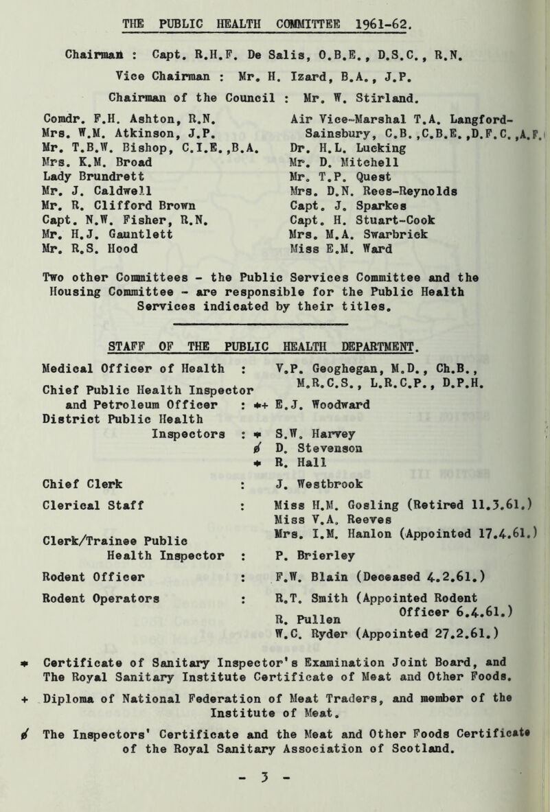 THE PUBLIC HEALTH COMMITTEE 1961-62. Chaimmit : Capt. R.H.F, De Sails, O.B.E,, D.S.C., R.N, Vice Chairman : Mr. H. Izard, B.A., J.P, Chairman of the Council : Mr. W, Stirland, Comdr. F.H. Ashton, R.N, Mrs. W.M. Atkinson, J.P. Mr, T.B.W. Bishop, C.I.E,,B,A. Mrs. K.M. Broad Lady Brundrett Mr, J. Caldwell Mr, R, Clifford Brown Capt. N.W, Fisher, R.N, Mr, H,J, Gauntlett Mr, R,S. Hood Air Vice-Marshal T.A, Langford- Sainsbury, C.B. ,C,B.E. ,D.F.C. ,A.F,i Dr, H.L. Lucking Mr. D. Mitchell Mr. T.P. Quest Mrs, D.N. Rees-Reynolds Capt. J. Sparkes Capt. H. Stuart-Cook Mrs. M.A. Swarbriok Miss E.M. Ward Two other Committees - the Public Services Committee and the Housing Committee - are responsible for the Public Health Services indicated by their titles. STAFF OF THE PUBLIC HEALTH MIPARTMENT. Medical Officer of Health Chief Public Health Inspector and Petroleum Officer District Public Health Inspectors V.P. Geoghegan, M.D., Ch.B., M.R.C.S., L.R.C.P., D.P.H. ♦+ E.J. Woodward <¥ S.W, Harvey t( D. Stevenson ^ R. Hall Chief Clerk J, Westbrook Clerical Staff Clerk/Trainee Public Health Inspector Rodent Officer Rodent Operators Miss H.M. Gosling (Retired 11,3.61.) Miss V.A. Reeves Mrs. I.M. Hanlon (Appointed 17.4.61.) P. Brierley F.W. Blain (Deceased 4.2,61.) R.T. Smith (Appointed Rodent R. Pullen W.C. Ryder (Appointed 27.2,61.) ♦ Certificate of Sanitary Inspector's Examination Joint Board, and The Royal Sanitary Institute Certificate of Meat and Other Foods. + Diploma of National Federation of Meat Traders, and member of the Institute of Meat, The Inspectors' Certificate and the Meat and Other Foods Certificate of the Royal Sanitary Association of Scotland.