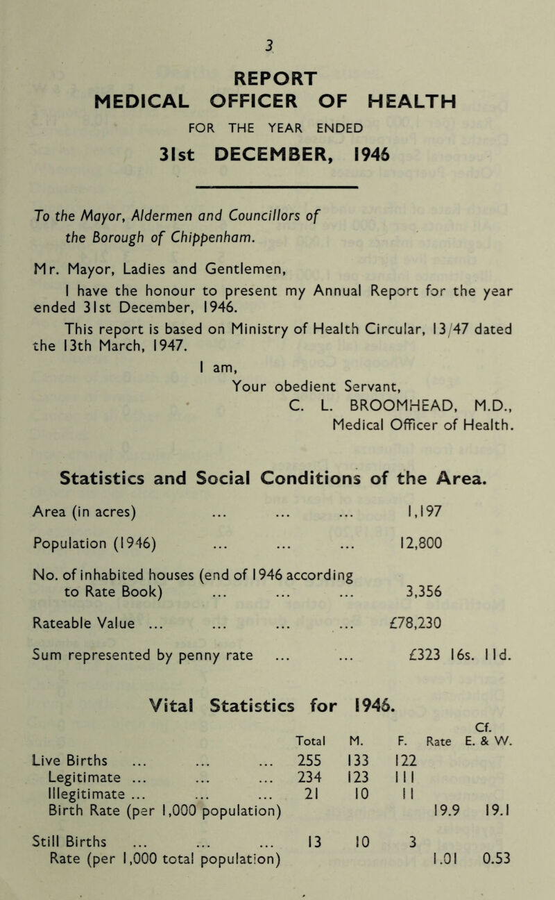 REPORT MEDICAL OFFICER OF HEALTH FOR THE YEAR ENDED 3lst DECEMBER, 1945 To the Mayor, Aldermen and Councillors of the Borough of Chippenham. Mr. Mayor, Ladies and Gentlemen, I have the honour to present my Annual Report for the year ended 31st December, 1946. This report is based on Ministry of Health Circular, 13 47 dated the 13th March, 1947. I am. Your obedient Servant, C. L. BROOMHEAD, M.D., Medical Officer of Health. Statistics and Social Conditions of the Area. Area (in acres) 1,197 Population (1946) 12,800 No. of inhabited houses (end of 1946 according to Rate Book) 3,356 Rateable Value ... ... ... ... £78,230 Sum represented by penny rate £323 Vital Statistics for 1946. Cf. Total M. F. Rate E. & W. Live Births 255 133 122 Legitimate ... 234 123 1 1 1 Illegitimate ... Birth Rate (per 1,000 population) 21 10 I 1 19.9 19.1 Still Births Rate (per 1,000 total population) 13 10 3 I.OI 0.53