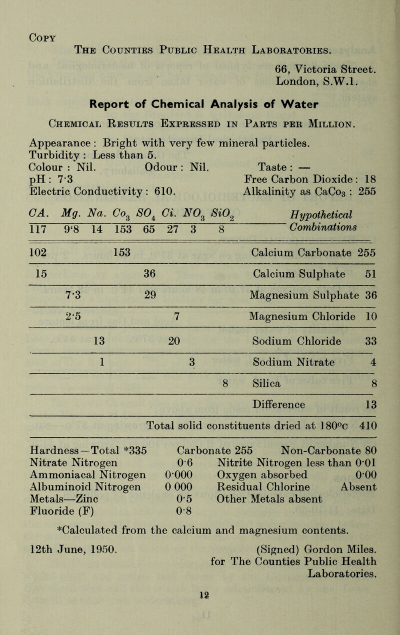 Copy The Counties Public Health Laboratories. 66, Victoria Street. London, S.W.l. Report of Chemical Analysis of Water Chemical Results Expressed in Parts per Million. Appearance : Bright with very few mineral particles. Turbidity : Less than 5. Colour : Nil. Odour : Nil. Taste : — pH : 7 3 Free Carbon Dioxide : 18 Electric Conductivity : 610. Alkalinity as CaCoa : 255 CA. Mg. Na. Co, so. Ci. AO3 SiO, Hypothetical 117 9‘8 14 153 65 27 3 8 Combinations 102 153 Calcium Carbonate 255 15 36 Calcium Sulphate 51 7*3 29 Magnesium Sulphate 36 2*5 7 Magnesium Chloride 10 13 20 Sodium Chloride 33 1 3 Sodium Nitrate 4 8 Silica 8 Difference 13 Total solid constituents dried at 180®c 410 Carbonate 255 Non-Carbonate 80 0'6 Nitrite Nitrogen less than 0 01 0*000 Oxygen absorbed 0*00 0 000 Residual Chlorine Absent 0*5 Other Metals absent 0*8 Hardness —Total *335 Nitrate Nitrogen Ammoniacal Nitrogen Albuminoid Nitrogen Metals—Zinc Fluoride (F) *Calculated from the calcium and magnesium contents. 12th June, 1950. (Signed) Gordon Miles. for The Counties Public Health Laboratories,