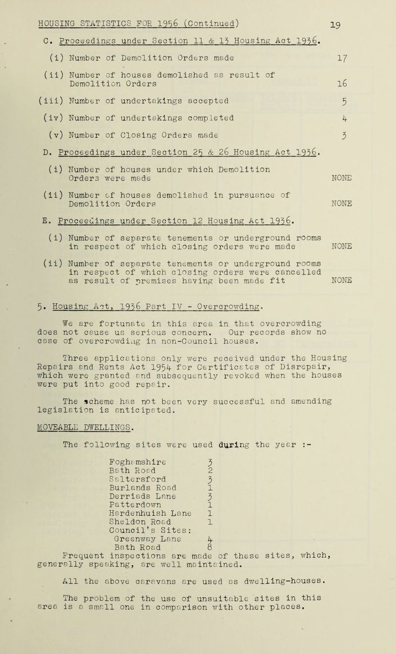 HOUSING STATISTICS FOR 19^6 (Continued) I9 C. Proceedings under Section 11 & Housing Act 1956. (i) Number of Demolition Orders made I7 (ii) Number of houses demolished as result of Demolition Orders 16 (iii) Number of undertakings accepted 5 (iv) Number of undertakings completed if (v) Number of Closing Orders made 3 D. Proceedings under Section 2<i & 26 Housing Act 19^6. (i) Number of houses under which Demolition Orders were mode NONE (ii) Number of houses demolished in pursuance of Demolition Orders NONE E. Proceedings under Section 12 Housing Act 19^6. (i) Number of separate tenements or underground rooms in respect of v/hich closing orders were made NONE (ii) Number of separate tenements or underground rooms in respect of v/hich closing orders v/ere cancelled as result of premises having been made fit NONE 5. Housing Act, 1956 Part IV - Overcrowding. We are fortunate in this area in that overcrov;ding does not cause us serious concern. Our records shov/ no cose of overcrov/diag in non-Council houses. Three applications only v/ere received under the Housing Repairs and Rents Act 195^ Certificates of Disrepair, v/hich v/ere granted and subsequently revoked when the houses were put into good repair. The scheme has not been very successful and amending legislation is anticipated. MOVEABLE DWELLINGS. The following sites v/ere used during the year Foghamshire 3 Bath Road 2 Saltersford 3 Burlands Road 1 Derriads Lane 3 Patterdov/n 1 Hardenhuish Lane 1 Sheldon Road 1 Council’s Sites: Greenway Lane if Bath Rood 8 Frequent inspections are made of these sites, v/hich, generally speaking, are v/ell maintained. All the above caravans are used os dv/elling-houses. The problem of the use of unsuitable sites in this area is a sm.all one in comparison v/ith other places.