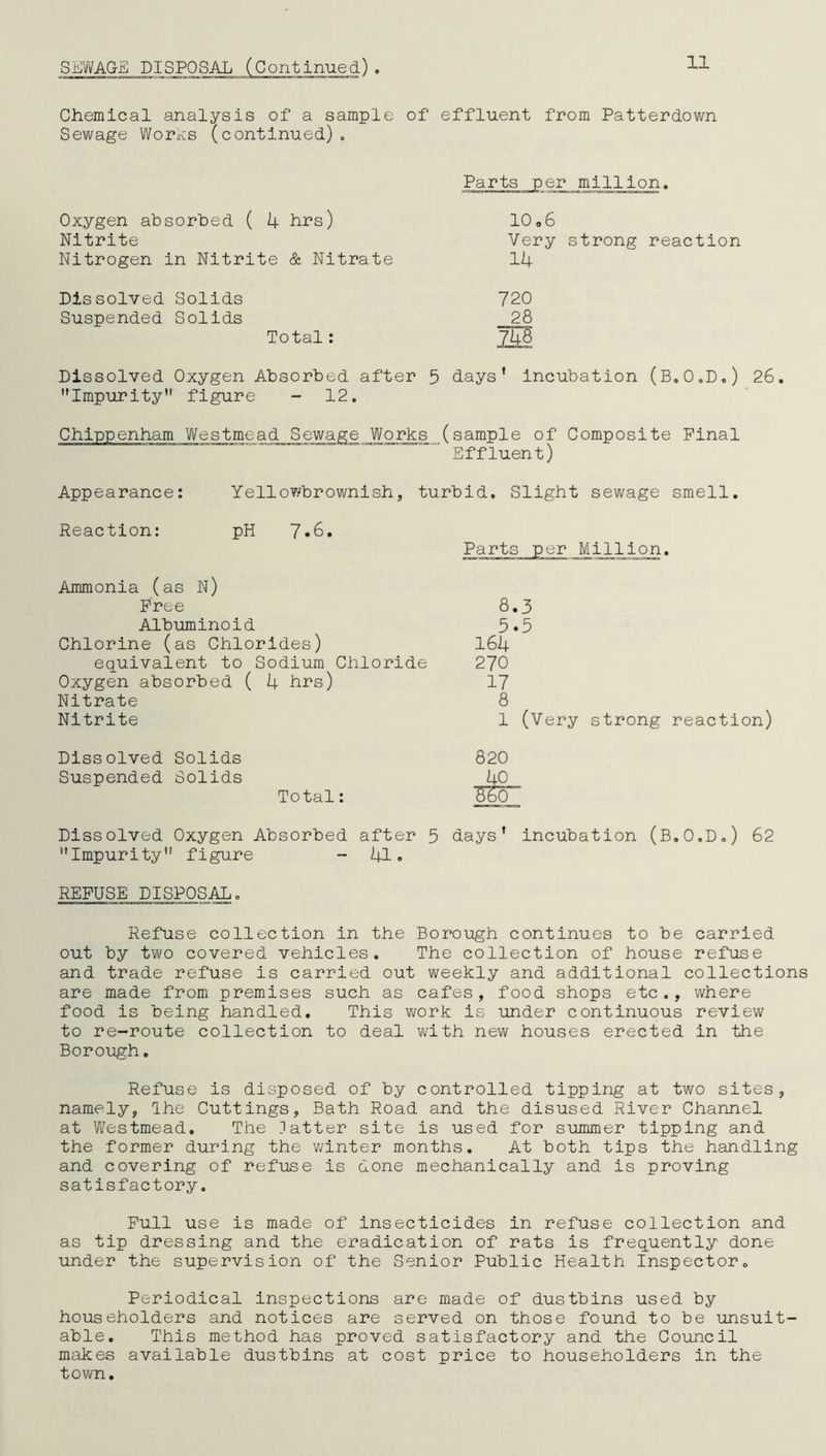 SEWAGE DISPOSAL (Continued) . 11 Chemical analysis of a sample of effluent from Patterdown Sewage Works (continued). Oxygen absorbed ( 4 hrs) Nitrite Nitrogen in Nitrite & Nitrate Dissolved Solids Suspended Solids Total: Dissolved Oxygen Absorbed after 5 days' incubation (B.O.D.) ''Impurity figure - 12. Chippenham Westmead Sewage Works (sample of Composite Pinal Effluent) Appearance: Yellowbrownish, turbid. Slight sewage smell. Reaction: pH 7*6. Ammonia (as N) Free Albuminoid Chlorine (as Chlorides) equivalent to Sodium Chloride Oxygen absorbed ( 4 hrs) Nitrate Nitrite Dissolved Solids Suspended Solids Total: Dissolved Oxygen Absorbed after 5 days’ incubation (B.O.D.) 62 Impurity figure - 41. REFUSE DISPOSAL. Refuse collection in the Borough continues to be carried out by two covered vehicles. The collection of house refuse and trade refuse is carried out weekly and additional collections are made from premises such as cafes, food shops etc., where food is being handled. This work is under continuous review to re-route collection to deal with new houses erected in the Borough. Refuse is disposed of by controlled tipping at two sites, namely, The Cuttings, Bath Road and the disused River Channel at Westmead. The latter site is used for summer tipping and the former during the winter months. At both tips the handling and covering of refuse is done mechanically and is proving satisfactory. Full use is made of insecticides in refuse collection and as tip dressing and the eradication of rats is frequently done under the supervision of the Senior Public Health Inspector. Periodical inspections are made of dustbins used by householders and notices are served on those found to be unsuit- able. This method has proved satisfactory and the Council makes available dustbins at cost price to householders in the town. >er Million. (Very strong reaction) Parts per million. 10.6 Very strong reaction 14 720 28 748