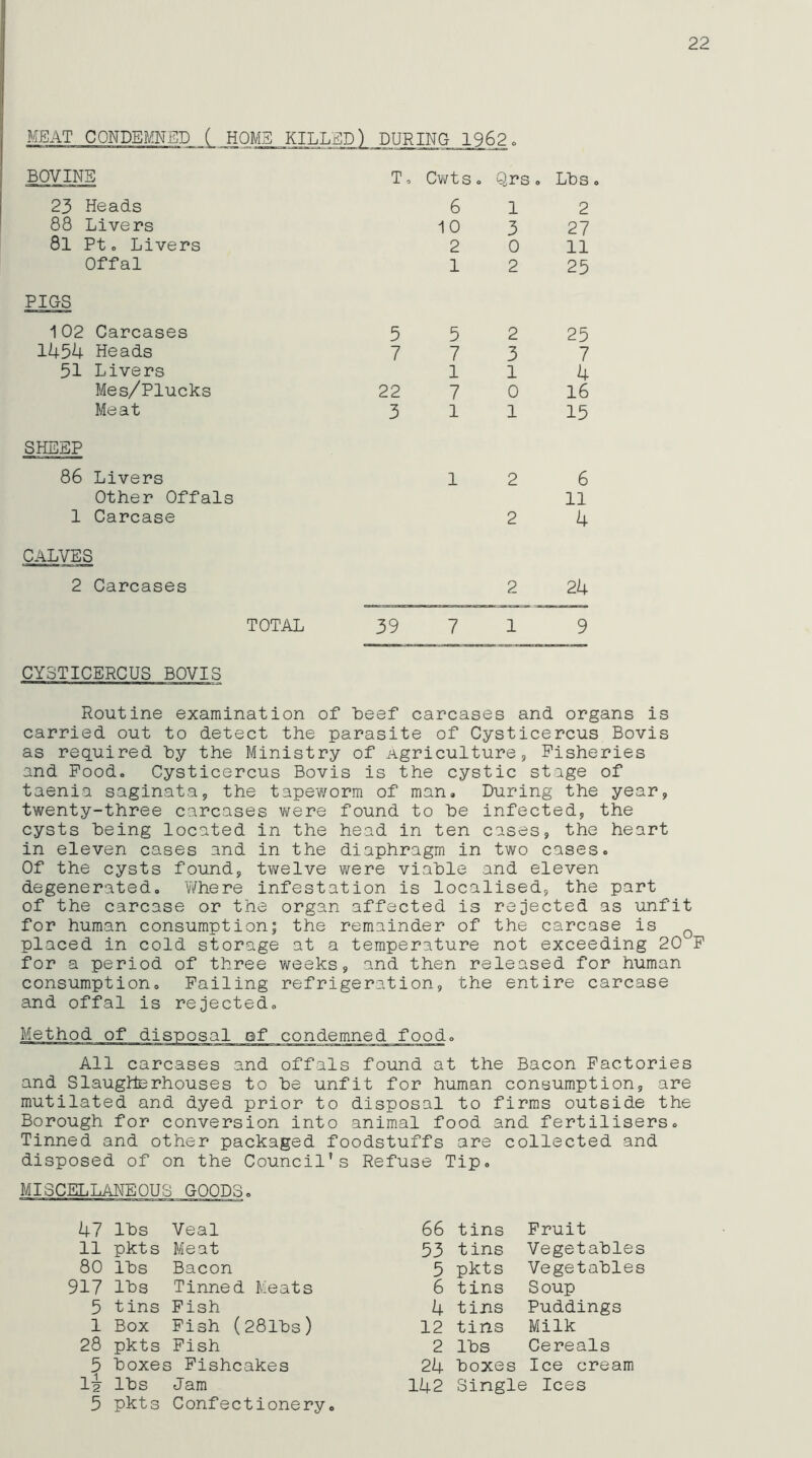 22 MEAT CONDEMNED ( HOMS KILLEl^ DURING 1962« BOVINE T, Cv\fts, Qrs. Lbs 23 Heads 6 1 2 88 Livers 10 3 27 8l Pt. Livers 2 0 11 Offal 1 2 25 PIGS 102 Carcases 5 5 2 25 1I(.54 Heads 7 7 3 7 51 Livers 1 1 4 Mes/Plucks 22 7 0 16 Meat 3 1 1 15 SHEEP 86 Livers Other Offals 1 Carcase 1 2 2 6 11 4 CALVES 2 Carcases 2 24 TOTAL 39 7 1 9 CY3TICERCUS BOVIS Routine examination of Ueef carcases and organs is carried out to detect the parasite of Cysticercus Bovis as required by the Ministry of Agriculture, Fisheries and Pood. Cysticercus Bovis is the cystic stage of taenia saginata, the tape?/orm of man. During the year, twenty-three carcases v\fere found to be infected, the cysts being located in the head in ten cases, the heart in eleven cases and in the diaphragm in two cases. Of the cysts found, twelve were viable and eleven degenerated. Where infestation is localised, the part of the carcase or the organ affected is rejected as unfit for human consumption; the remainder of the carcase is ^ placed in cold storage at a temperature not exceeding 20 P for a period of three weeks, and then released for human consumption. Failing refrigeration, the entire carcase and offal is rejected. All carcases and offals found at the Bacon Factories and Slaughterhouses to be unfit for human consumption, are mutilated and dyed prior to disposal to firms outside the Borough for conversion into animal food and fertilisers. Tinned and other packaged foodstuffs are collected and disposed of on the Council’s Refuse Tip. MISCELLANEOUS GOODS. 47 lbs Veal 66 tins Fruit 11 pkts Meat 53 tins Vegetables 80 lbs Bacon 5 pkts Vegetables 917 lbs Tinned Meats 6 tins Soup 5 tins Pish 4 tins Puddings 1 Box Pish (28lbs) 12 tins Milk 28 pkts Pish 2 lbs Cereals 5 boxei s Fishcakes 24 boxes Ice cream li lbs Jam 142 Single Ices