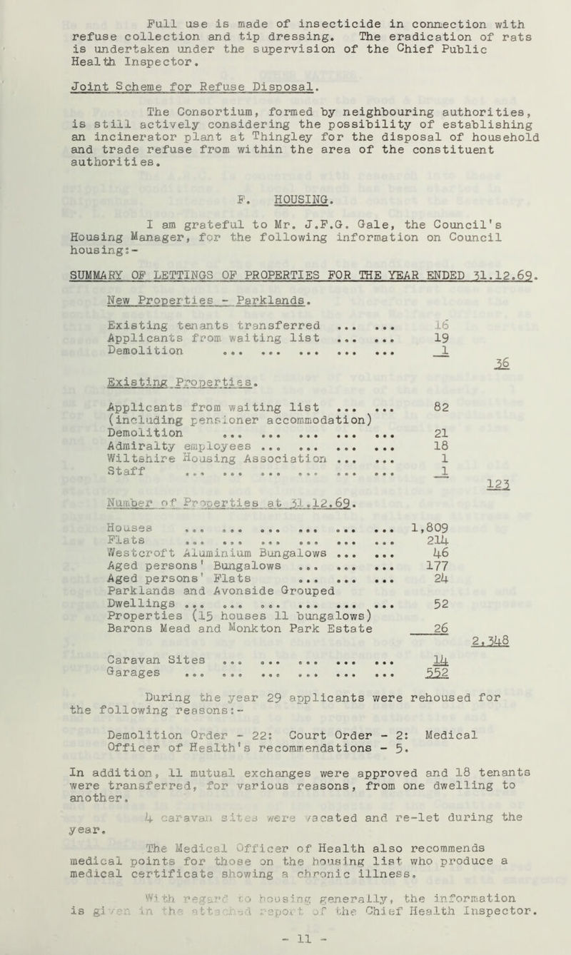 Full use is made of insecticide in connection with refuse collection and tip dressing. The eradication of rats is undertaken under the supervision of the Chief Public Health Inspector. Joint Scheme for Refuse Disposal. The Consortium, formed by neighbouring authorities, is still actively considering the possibility of establishing an incinerator plant at Thingley for the disposal of household and trade refuse from within the area of the constituent authorities. P. HOUSING. I am grateful to Mr. J.P.G. Gale, the Council’s Housing Manager, for the following information on Council housin.gS“ SUMMARY OF LETTINGS OF PROPERTIES FOR THE YEAR ENDED ^1.12.69, New Properties - Parklands. Existing tenants transferred Applicants from waiting list Demolition • • • • • ♦ • • • • Existing_ Properties. Applicants from waiting list (including pensioner accommodation) Demolition Admiralty employees .., Wiltshire Housing Association ... Staff • • • • • • • • • • • • o • • • • • Number of Properties at 51.12.69. <» • « 6 0* 4 • • • « 9 • • • • « • Houses Plats Westcroft Aluminium Bungalows ... Aged persons' Bungalows Aged persons’ Flats Parklands and Avonside Grouped X^wellxxxgi^ 0.0 OOO 00. OO. 0.0 Properties (15 houses 11 bungalows) Barons Mead and Monkton Park Estate • • • 9 9 • • 9 9 0 9 9 9 9 9 #99 9 9 9 9 9 9 Caravan Sites Garages 9 0 0 9 9 9 9 9 9 9 0 0 9 9 9 9 9 9 9 9 9 9 9 9 lb 19 1 82 21 18 1 1 1,809 2lh 46 177 24 52 26 Ik i6 2,4 3-48 During the year 29 applicants were rehoused for the following reasons:*” Demolition Order - 22: Court Order - 2: Medical Officer of Health’s recommendations - 3* In addition, 11 mutual exchanges were approved and 18 tenants were transferred, for various reasons, from one dwelling to another. 4 caravaiJ. site^? were /seated and re-let during the year. The Medical Officer of Health also recommends medical points for those on the housing list who produce a medical certificate showing a chronic illness, with regarc’ ro hoosing generally, the information is gi /er. -'in th,-' report of the Chicif Health Inspector.