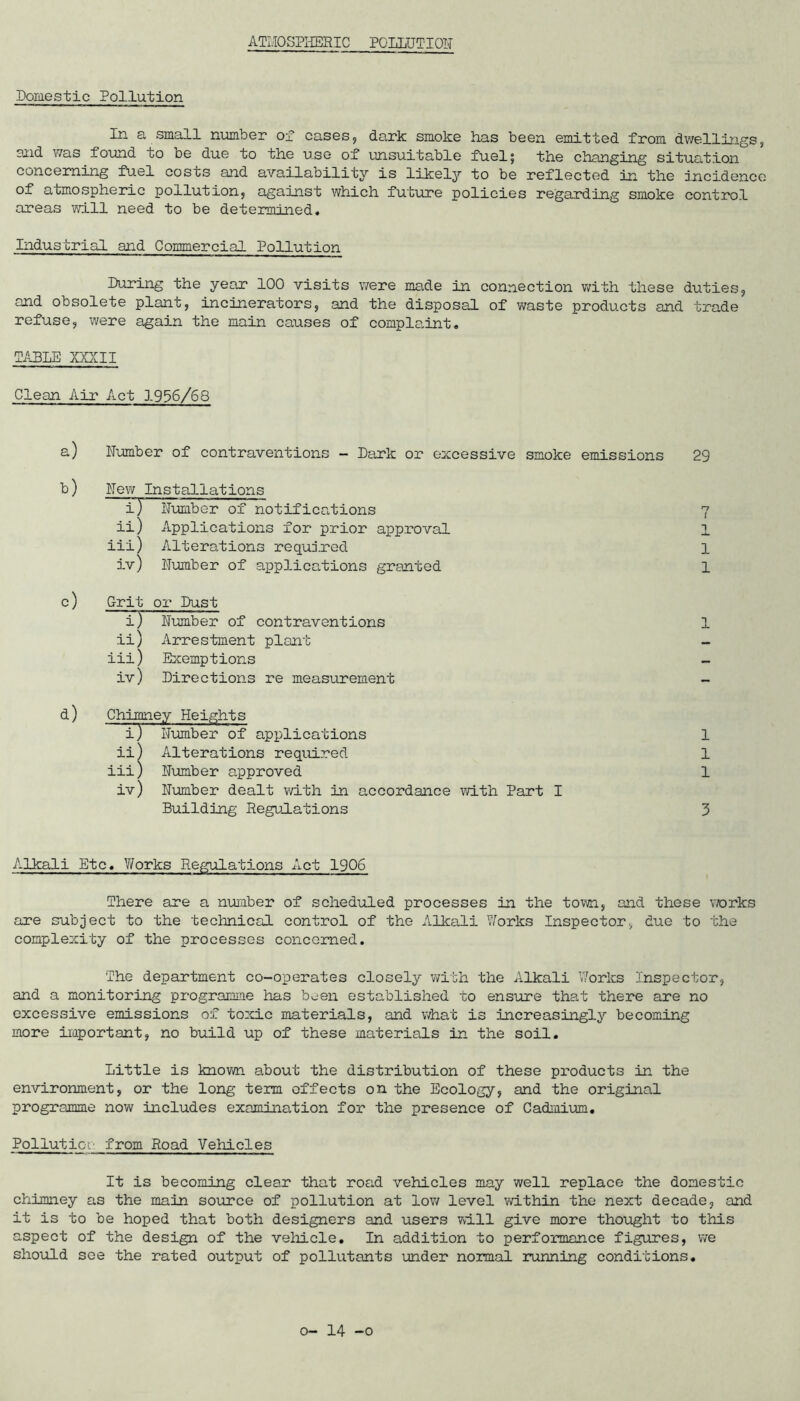 ATIIOSPIiERIC POLLUTIOF Domestic Pollution In a small number of cases, dark smoke has been emitted from dwellings, and was found to be due to the use of unsuitable fuel 5 the changing situation concerning fuel costs and availability is likely to be reflected in the incidence of atmospheric pollution, against which future policies regarding smoke control areas will need to be determined. Industrial and Commercial Pollution During the year 100 visits v/ere made in connection v/ith these duties, and obsolete plant, incinerators, and the disposal of waste products and trade refuse, were again the main causes of compla,int. P.IBLE XX}CII Clean Air Act 1956/68 b) d) Number of contraventions - Dark or excessive smoke emissions New Installations 111) iv) Number of applications Alterations required Number approved Number dealt with in accordance with Part Building Regulations 29 ~u Number of notifications Y ii) Applications for prior approval T_ iii) Alterations requjred 1 iv) Number of applications granted 1 Grit or Dust i) Nimiber of contraventions 1 ii) Arrestment plant iii) Exemptions — iv) Directions re measurement - Chimney Heights Alkali Etc. Y/orks Regulations Act 1906 There are a number of scheduled processes in the town, and these v/orks are subject to the technical control of the Alkali Vforks Inspector, duo to the complexity of the processes concerned. The department co-operates closely v^ith the Alkali V/orks Inspector, and a monitoring programme has been established to ensure that there are no excessive emissions of toxic materials, and what is increasinglj'' becoming more important, no build up of these materials in the soil. Little is known about the distribution of these products in the environment, or the long term effects on the Ecology, and the original programme now includes examination for the presence of Cadmium. Pollutiof from Road Vehicles It is becoming clear that road vehicles may well replace the domestic chimney as the main source of pollution at low level within the next decade, and it is to be hoped that both designers and users will give more thought to this aspect of the design of the vehicle. In addition to performance figures, we should see the rated output of pollutants under normal running conditions.