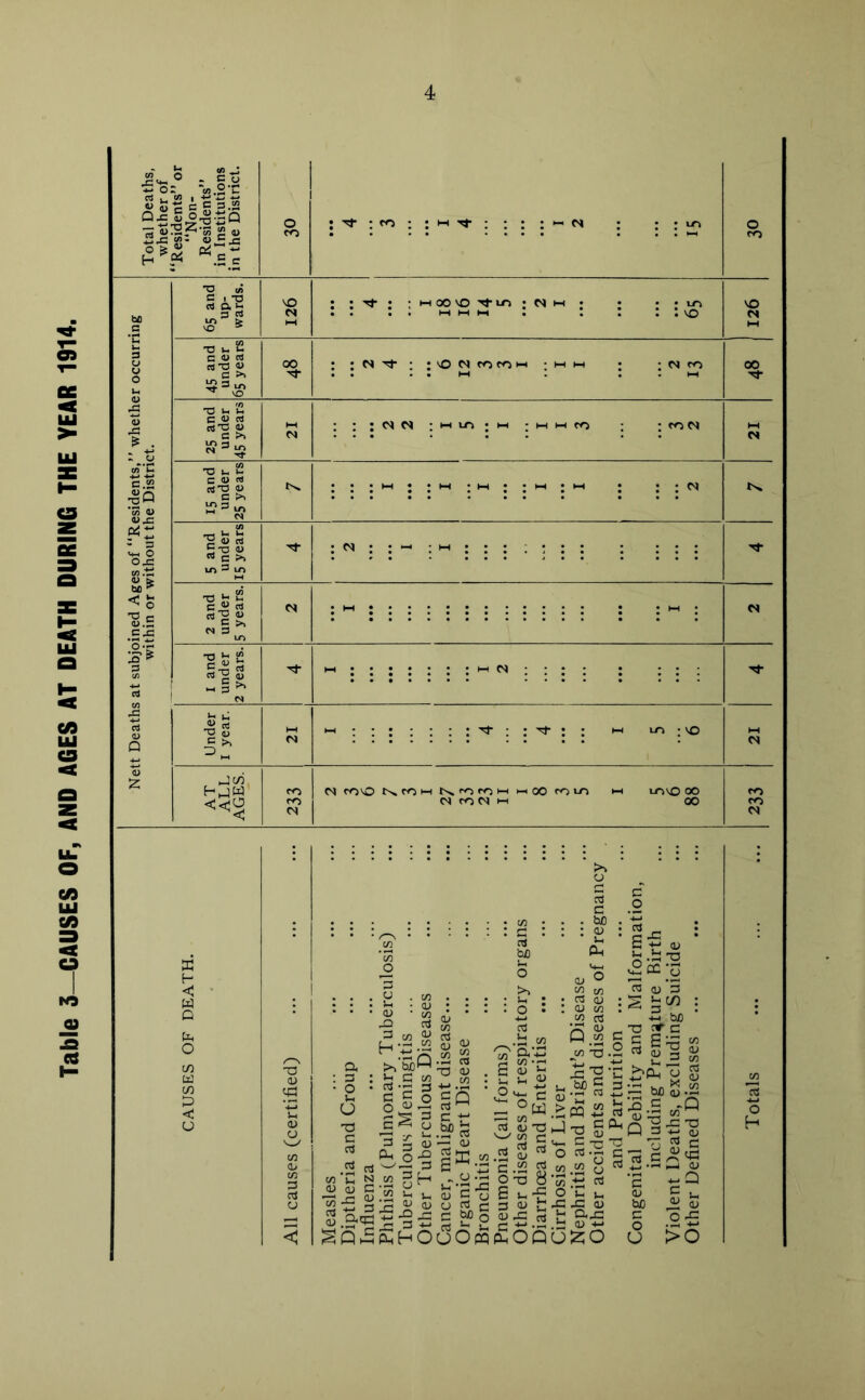 Table 3—CAUSES OF, AND AGES AT DEATH DURING THE YEAR 1914.