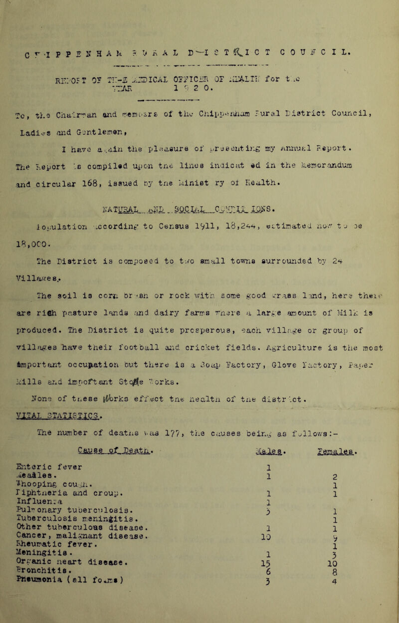 c r -I P P B N H A k ?. T.< A L D'-I e T C T COUNCIL ISICAI OPPICiilv or AlAIIIi for t.,Q 1 <} 2 0. Ladies Olid Guntlemen, I have a:,din the pleaaure of wr^eonting my Annual Report The Report ‘.e compiled Ui)on tne lines inaicat ed in the hew or ^tn quid and circular l68i issued bj' tne I-iinist ry ol Health* iv AT VEAL ..iiUlL... SOC Ii.L C O’jClIJL, 10^8 lopulation according to Census 1911» 18,244, estimated nov'' to oe 18,000. The rdstrict is coreposed to t',/o small towns surrounded by 24 Vi 11 awe 8.* The soil is corn br -'.an or rock with some good -.rraas Imd, here theio are rieh pasture lands and dairy farms rnere a large amount of Milk is produced. The District is quite prosperous, each village or group of villfiges have their football aiid cricket fields. Agriculture is the most important occusiation but there is a 3oap factory, Glove factory, Paper hills and important Sto/!(e ’forks. IJone of tnese tt^^rks effect tne nealtn of tne district. VITAL CTATISTtCS. The number of deatiis v.aa 177> the causes being as f.jilov/s:- Cauee of Deatn Enteric fever Measles. Whooping cough. Liphtneria and croup. Influenza Pulrronary tuberculosis. Tuberculosis meningitis. Other tuberculous disease. Cancer, malignant disease. Kheuiratic fever. Meningitis. Organic neart disease. ■Bronchitis. Pneumonia (ell fo*ms) 15 6 3 1 10 1 1 1 1 V 1 3 10 a 4 1 1 1 2 1 1