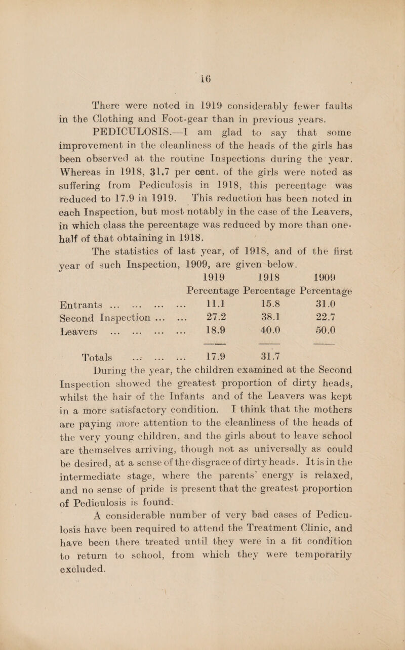 in the Clothing and Foot-gear than in previous years. PEDICULOSIS.—I am glad to say that some improvement in the cleanliness of the heads of the girls has been observed at the routine Inspections during the year. Whereas in 1918, 31.7 per cent, of the girls were noted as suffering from Pediculosis in 1918, this percentage was reduced to 17.9 in 1919. This reduction has been noted in each Inspection, but most notably in the case of the Leavers, in which class the percentage was reduced by more than one- half of that obtaining in 1918. The statistics of last year, of 1918, and of the first year of such Inspection, 1909, are given below. 1919 1918 1909 Percentage Percentage Percentage Entrants ••• ••• ••• ••• n.i 15.8 31.0 Second Inspection. 27.2 38.1 22.7 Leavers ••• ••• ••• ••• 18.9 40.0 50.0 T otctls ••• ••• 17.9 31.7 During the year, the children examined at the Second Inspection showed the greatest proportion of dirty heads, whilst the hair of the Infants and of the Leavers was kept in a more satisfactory condition. I think that the mothers are paying more attention to the cleanliness of the heads of the very young children, and the girls about to leave school are themselves arriving, though not as universally as could be desired, at a sense of the disgrace of dirty heads. It is in the intermediate stage, where the parents’ energy is relaxed, and no sense of pride is present that the greatest proportion of Pediculosis is found. A considerable number of very bad cases of Pedicu¬ losis have been required to attend the Treatment Clinic, and have been there treated until they were in a fit condition to return to school, from which they were temporarily excluded.