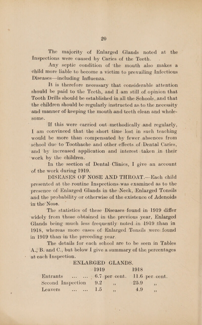 The majority of Enlarged Glands noted at the Inspections were caused by Caries of the Teeth. Any septic condition of ‘the mouth also makes a child more liable to become a victim to prevailing Infectious Diseases—including Influenza. It is therefore necessary that considerable attention should be paid to the Teeth, and I am still of opinion that Tooth Drills should be established in all the Schools, and that the children should be regularly instructed as to the necessity and manner of keeping the mouth and teeth clean and whole¬ some. If this were carried out methodically and regularly, I am convinced that the short time lost in such teaching would be more than compensated by fewer absences from school due to Toothache and other effects of Dental Caries, and by increased application and interest taken in their work by the children. In the section of Dental Clinics, I give an account of the work during 1919. DISEASES OF NOSE AND THROAT.—Each child presented at the routine Inspections was examined as to the presence of Enlarged Glands in the Neck, Enlarged Tonsils and the probability or otherwise of the existence of Adenoids in the Nose. The statistics of these Diseases found in 1919 differ widely from those obtained in the previous year, Enlarged Glands being much less frequently noted in 1919 than in 1918, whereas more cases of Enlarged Tonsils were found in 1919 than in the preceding year. The details for each school are to be seen in Tables A., B. and C., but below I give a summary of the percentages at each Inspection. ENLARGED GLANDS. 1919 1918 Entrants . 6.7 per cent. 11.6 per cent. Second Inspection 9.2 ,, 25.9 ,, Leavers . 1.5 ,, 4.9 ,,