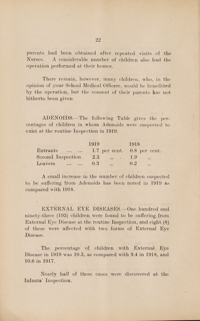 parents had been obtained after repeated visits of the Nurses. A considerable number of children also had the operation performed at their homes. There remain, however, many children, who, in the opinion of your School Medical Officers, would be benefitted by the operation, but the consent of their parents has not hitherto been given. ADENOIDS.—The following Table gives the per¬ centages of children in whom Adenoids were suspected to exist at the routine Inspection in 1919. 1919 1918 Entrants . 1.7 per cent. 0.8 per cent. Second Inspection 2.3 „ 1.9 ,, Leavers . 0.3 ,, 0.2 ,, A small increase in the number of children suspected to be suffering from Adenoids has been noted in 1919 as compared with 1918. EXTERNAL EYE DISEASES.—One hundred and ninety-three (193) children were found to be suffering from External Eye Disease at the routine Inspection, and eight (8) of these were affected with two forms of External Eye Disease. The percentage of children with External Eye Disease in 1919 was 10.3, as compared with 9.4 in 1918, and 10.6 in 1917. Nearly half of these cases were discovered at the Infants’ Inspection.