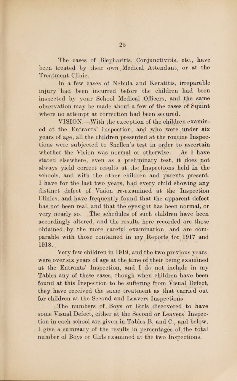 The cases of Blepharitis, Conjunctivitis, etc., have been treated by their own Medical Attendant, or at the Treatment Clinic. In a few cases of Nebula and Keratitis, irreparable injury had been incurred before the children had been inspected by your School Medical Officers, and the same observation may be made about a few of the cases of Squint where no attempt at correction had been secured. VISION.—With the exception of the children examin¬ ed at the Entrants’ Inspection, and who were under six years of age, all the children presented at the routine Inspec¬ tions were subjected to Snellen’s test in order to ascertain whether the Vision was normal or otherwise. As I have stated elsewhere, even as a preliminary test, it does not always yield correct results at the Inspections held in the schools, and with the other children and parents present. I have for the last two years, had every child showing any distinct defect of Vision re-examined at the Inspection Clinics, and have frequently found that the apparent defect has not been real, and that the eyesight has been normal, or very nearly so. The schedules of such children have been accordingly altered, and the results here recorded are those obtained by the more careful examination, and are com¬ parable with those contained in my Reports for 1917 and 1918. Very few children in 1919, and the two previous years, were over six years of age at the time of their being examined at the Entrants’ Inspection, and I do not include in my Tables any of these cases, though when children have been found at this Inspection to be suffering from Visual Defect, they have received the same treatment as that carried out for children at the Second and Leavers Inspections. The numbers of Boys or Girls discovered to have some Visual Defect, either at the Second or Leavers’ Inspec¬ tion in each school are given in Tables B. and C., and below, I give a summary of the results in percentages of the total number of Boys or Girls examined at the two Inspections.