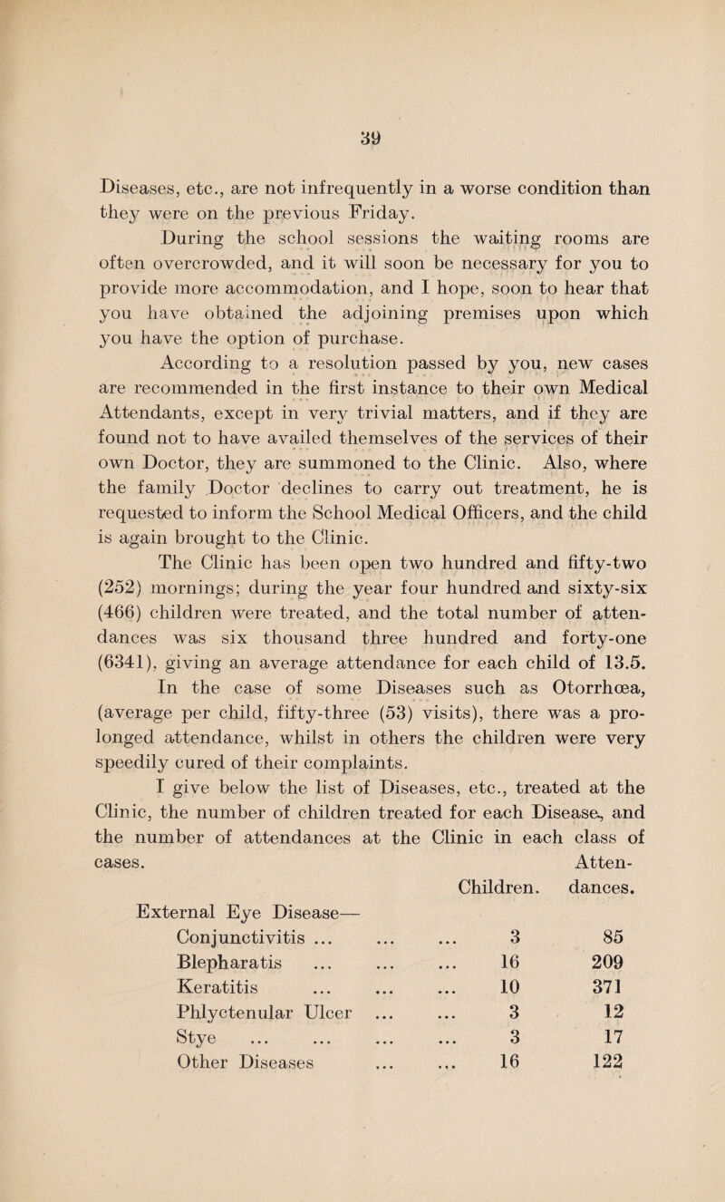 Diseases, etc., are not infrequently in a worse condition than thejf were on the previous Friday. During the school sessions the waiting rooms are often overcrowded, and it will soon be necessary for you to provide more accommodation, and I hope, soon to hear that you have obtained the adjoining premises upon which you have the option of purchase. According to a resolution passed by you, new cases are recommended in the first instance to their own Medical Attendants, except in very trivial matters, and if they are found not to have availed themselves of the services of their own Doctor, they are summoned to the Clinic. Also, where the family Doctor declines to carry out treatment, he is requested to inform the School Medical Officers, and the child is again brought to the Clinic. The Clinic has been open two hundred and fifty-two (252) mornings; during the year four hundred and sixty-six (466) children were treated, and the total number of atten¬ dances was six thousand three hundred and forty-one (6341), giving an average attendance for each child of 13.5. In the case of some Diseases such as Otorrhoea, (average per child, fifty-three (53) visits), there was a pro¬ longed attendance, whilst in others the children were very speedily cured of their complaints. I give below the list of Diseases, etc., treated at the Clinic, the number of children treated for each Disease, and the number of attendances at the Clinic in each class of 3. Atten¬ External Eye Disease— Children. dances. Conjunctivitis ... 3 85 Blepharatis 16 209 Keratitis 10 371 Phlyctenular Ulcer 3 12 Stye 3 17 Other Diseases 16 122
