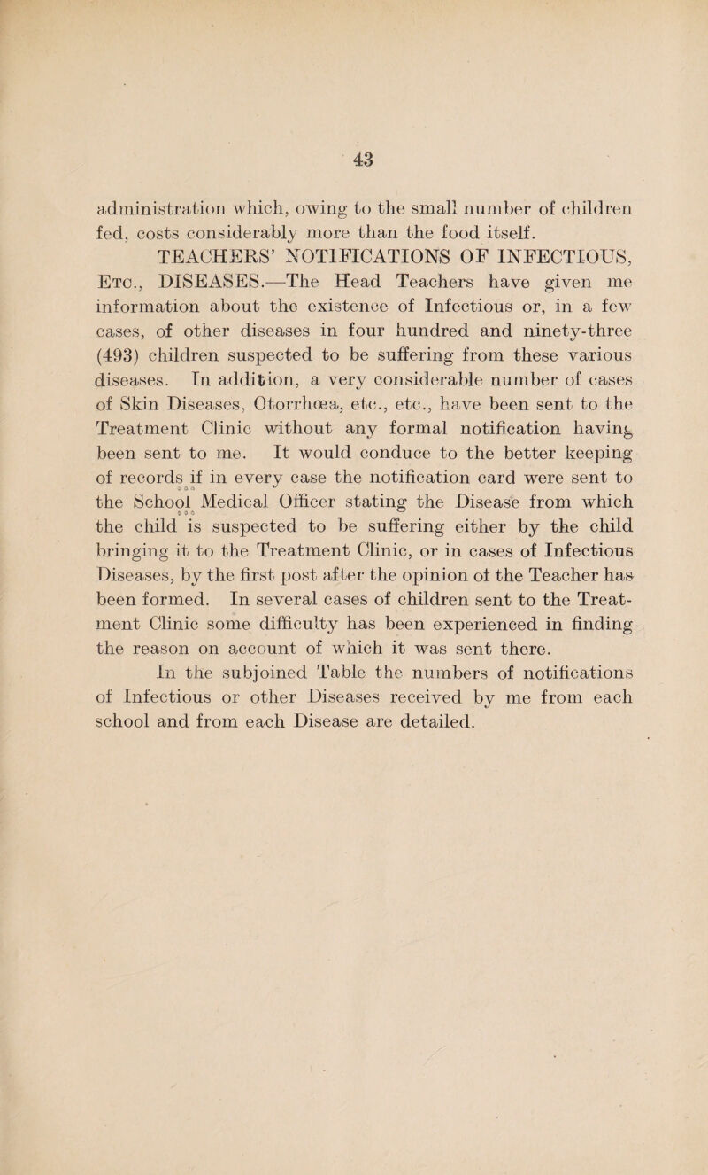 administration which, owing to the small number of children fed, costs considerably more than the food itself. TEACHERS’ NOTIFICATIONS OF INFECTIOUS, Etc., DISEASES.—The Head Teachers have given me information about the existence of Infectious or, in a few cases, of other diseases in four hundred and ninety-three (493) children suspected to be suffering from these various diseases. In addition, a very considerable number of cases of Skin Diseases, Otorrhoea, etc., etc., have been sent to the Treatment Clinic without any formal notification having been sent to me. It would conduce to the better keeping of records if in every case the notification card were sent to the School Medical Officer stating the Disease from which the child is suspected to be suffering either by the child bringing it to the Treatment Clinic, or in cases of Infectious Diseases, by the first post after the opinion of the Teacher has been formed. In several cases of children sent to the Treat¬ ment Clinic some difficulty has been experienced in finding the reason on account of which it was sent there. In the subjoined Table the numbers of notifications of Infectious or other Diseases received by me from each school and from each Disease are detailed.