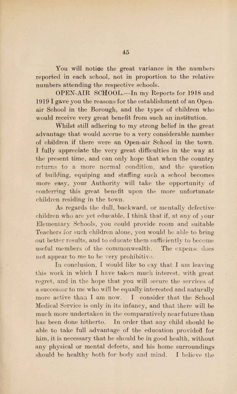 You will notice the great variance in the numbers reported in each school, not in proportion to the relative numbers attending the respective schools. OPEN-AIR SCHOOL.—In my Reports for 1918 and 19191 gave you the reasons for the establishment of an Open- air School in the Borough, and the types of children who would receive very great benefit from such an institution. Whilst still adhering to my strong belief in the great advantage that would accrue to a very considerable number of children if there were an Open-air School in the town. I fully appreciate the very great difficulties in the way at the present time, and can only hope that when the country returns to a more normal condition, and the question of building, equiping and staffing such a school becomes more easy, your Authority will take the opportunity of conferring this great benefit upon the more unfortunate children residing in the town. As regards the dull, backward, or mentally defective- children who are yet educable, I think that if, at any of ) our Elementary Schools, you could provide room and suitable Teachers for such children alone, you would be able to bring out better results, and to educate them sufficientlv to become useful members of the commonwealth. The expense does not appear to me to be very prohibitive. In conclusion, I would like to say that I am leaving this work in which I have taken much interest, with great regret, and in the hope that you will secure the services of a successor to me who will be equally interested and naturally more active than I am now. I consider that the School Medical Service is only in its infancy, and that there will be much more undertaken in the comparatively near future than has been done hitherto. In order that any child should be able to take full advantage of the education provided for him, it is necessary that he should be in good health, without any physical or mental defects, and his home surroundings should be healthv both for body and mind. I believe the