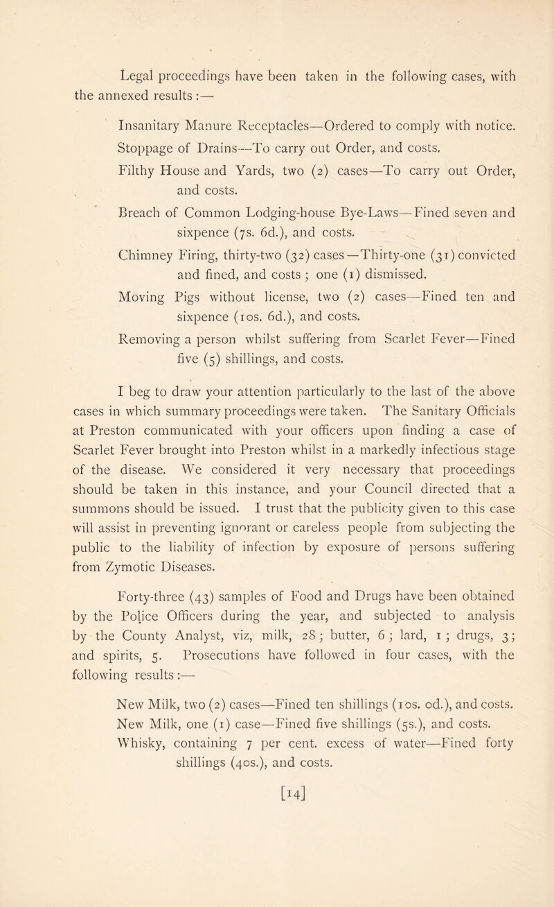 the annexed results :— Insanitary Manure Receptacles—Ordered to comply with notice. Stoppage of Drains—To carry out Order, and costs. Filthy House and Yards, two (2) cases—To carry out Order, and costs. Breach of Common Lodging-house Bye-Laws—Fined seven and sixpence (7s. 6d.), and costs. Chimney Firing, thirty-two (32) cases—Thirty-one (31) convicted and fined, and costs ; one (1) dismissed. Moving Pigs without license, two (2) cases—-Fined ten and sixpence (los. 6d.), and costs. Removing a person whilst suffering from Scarlet Fever—Fined five (5) shillings, and costs. I beg to draw your attention particularly to the last of the above cases in which summary proceedings were taken. The Sanitary Officials at Preston communicated with your officers upon finding a case of Scarlet Fever brought into Preston whilst in a markedly infectious stage of the disease. We considered it very necessary that proceedings should be taken in this instance, and your Council directed that a summons should be issued. I trust that the publicity given to this case will assist in preventing ignorant or careless people from subjecting the public to the liability of infection by exposure of persons suffering from Zymotic Diseases. Forty-three (43) samples of Food and Drugs have been obtained by the Police Officers during the year, and subjected to analysis by the County Analyst, viz, milk, 28; butter, 6; lard, i; drugs, 3; and spirits, 5. Prosecutions have followed in four cases, with the following results :— New Milk, two (2) cases—Fined ten shillings (los. od.), and costs. New Milk, one (i) case—Fined five shillings (5s.), and costs. Whisky, containing 7 per cent, excess of water—-Fined forty shillings (40s.), and costs. [14]