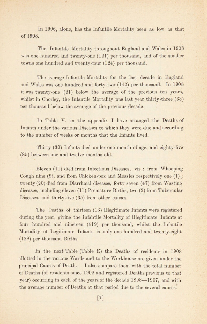 of 1908. The Infantile Mortality throughout England and Wales in 1908 was one hundred and twenty-one (121) per thousand, and of the smaller towns one hundred and twenty-four (124) per thousand. The average Infantile Mortality for the last decade in England and Wales was one hundred and forty-two (142) per thousand. In 1908 it was twenty-one (21) below the average of the previous ten years, whilst in Chorley, the Infantile Mortality was last year thirty-three (33) per thousand below the average of the previous decade. In Table V. in the appendix I have arranged the Deaths of Infants under the various Diseases to which they were due and according to the number of weeks or months that the Infants lived. Thirty (30) Infants died under one month of age, and eighty-five (85) between one and twelve months old. Eleven (11) died from Infectious Diseases, viz.: from Whooping Cough nine (91, and from Chicken-pox and Measles respectively one (1) ; twenty (20) died from Diarrhoeal diseases, forty seven (47) from Wasting diseases, including eleven (11) Premature Births, two (2) from Tubercular Diseases, and thirty-five (35) from other causes. The Deaths of thirteen (13) Illegitimate Infants were registered during the year, giving the Infantile Mortality of Illegitimate Infants at four hundred and nineteen (419) per thousand, whilst the Infantile Mortality of Legitimate Infants is only one hundred and twenty-eight (128) per thousand Births. In the next Table (Table E) the Deaths of residents in 1908 allotted in the various Wards and to the Workhouse are given under the principal Causes of Death. I also compare them with the total number of Deaths (of residents since 1902 and registered Deaths previous to that year) occurring in each of the years of the decade 1898—1907, and with the average number of Deaths at that period due to the several causes. [7]