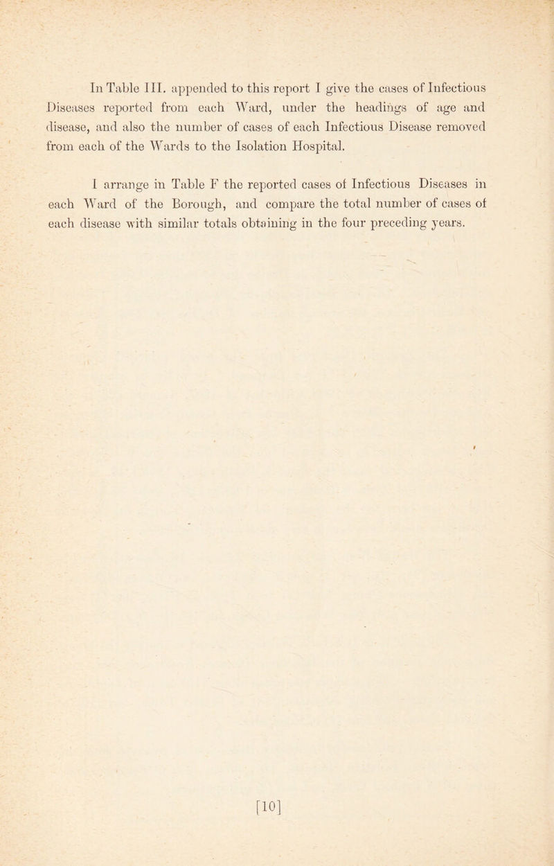 Diseases reported from each Ward, under the headings of age and disease, and also the number of cases of each Infectious Disease removed from each of the Wards to the Isolation Hospital. I arrange in Table F the reported cases of Infectious Diseases in each Ward of the Borough, and compare the total number of cases of each disease with similar totals obtaining in the four preceding years. # [10]