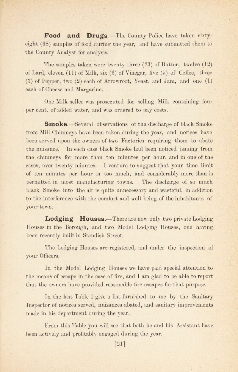 Food and Drugs.—The County Police have taken sixty- eight (68) samples of food during the year, and have submitted them to the County Analyst for analysis. The samples taken were twenty three (23) of Butter, twelve (12) of Lard, eleven (11) of Milk, six (6) of Vinegar, hve (5) of Coffee, three (3) of Pepper, two (2) each of Arrowroot, Yeast, and Jam, and one (1) each of Cheese and Margarine. One Milk seller was prosecuted for selling Milk containing four per cent, of added water, and was ordered to pay costs. Smoke.—Several observations of the discharge of black Smoke from Mill Chimneys have been taken during the year, and notices have been served upon the owners of two Factories requiring them to abate the nuisance. In each case black Smoke had been noticed issuing from the chimneys for more than ten minutes per hour, and in one of the cases, over twenty minutes. I venture to suggest that your time limit of ten minutes per hour is too much, and considerably more than is permitted in most manufacturing towns. The discharge of so much black Smoke into the air is quite unnecessary and wasteful, in addition to the interference with the comfort and well-being of the inhabitants of your town. Dodging Houses.—There are now only two private Lodging Houses in the Borough, and two Model Lodging Houses, one having been recently built in Standish Street. The Lodging Houses are registered, and under the inspection of your Officers. In the Model Lodging Houses we have paid special attention to the means of escape in the case of fire, and I am glad to be able to report that the owners have provided reasonable fire escapes for that purpose. In the last Table 1 give a list furnished to me by the Sanitary Inspector of notices served, nuisances abated, and sanitary improvements made in his department during the year. From this Table you will see that both he and his Assistant have been actively and profitably engaged during the year. [21]