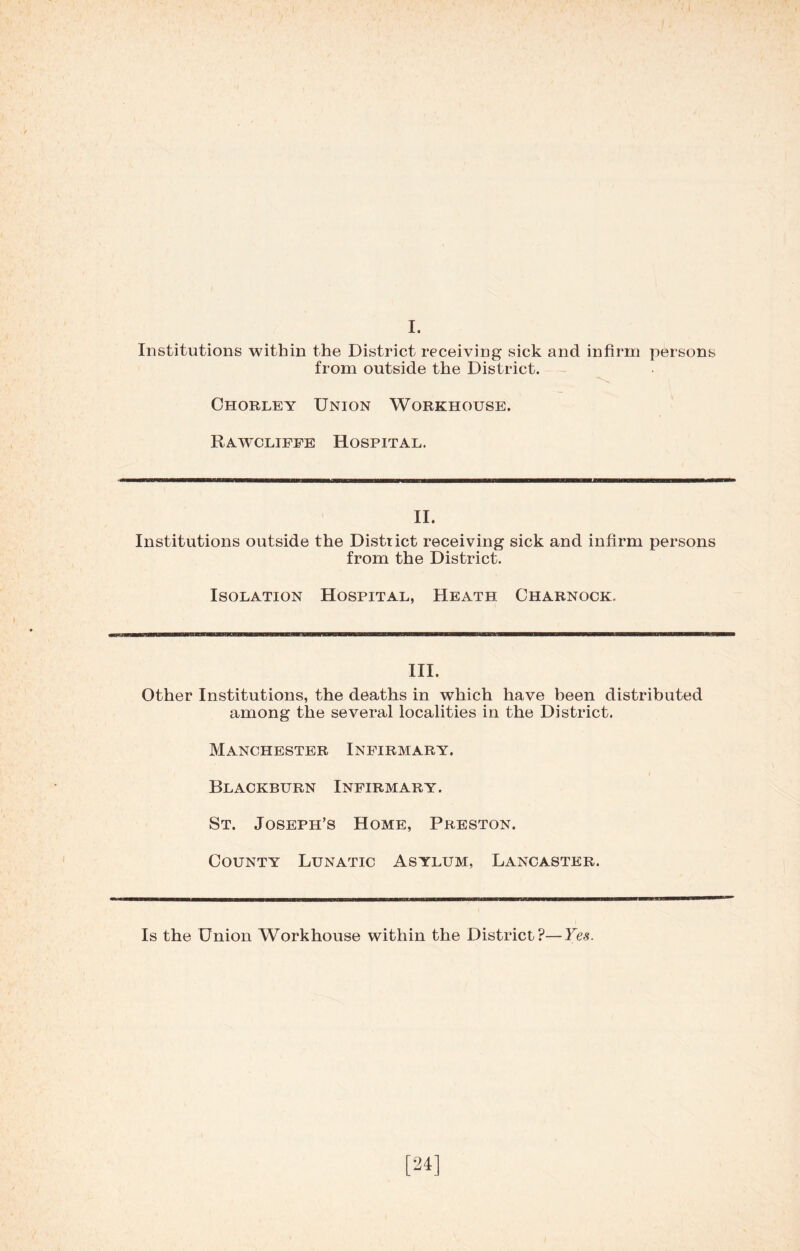 Institutions within the District receiving sick and infirm persons from outside the District. Chorley Union Workhouse. Rawcliffe Hospital. II. Institutions outside the District receiving sick and infirm persons from the District. Isolation Hospital, Heath Charnock. III. Other Institutions, the deaths in which have been distributed among the several localities in the District. Manchester Infirmary. Blackburn Infirmary. St. Joseph’s Home, Preston. County Lunatic Asylum, Lancaster. Is the Union Workhouse within the District?—Yes.